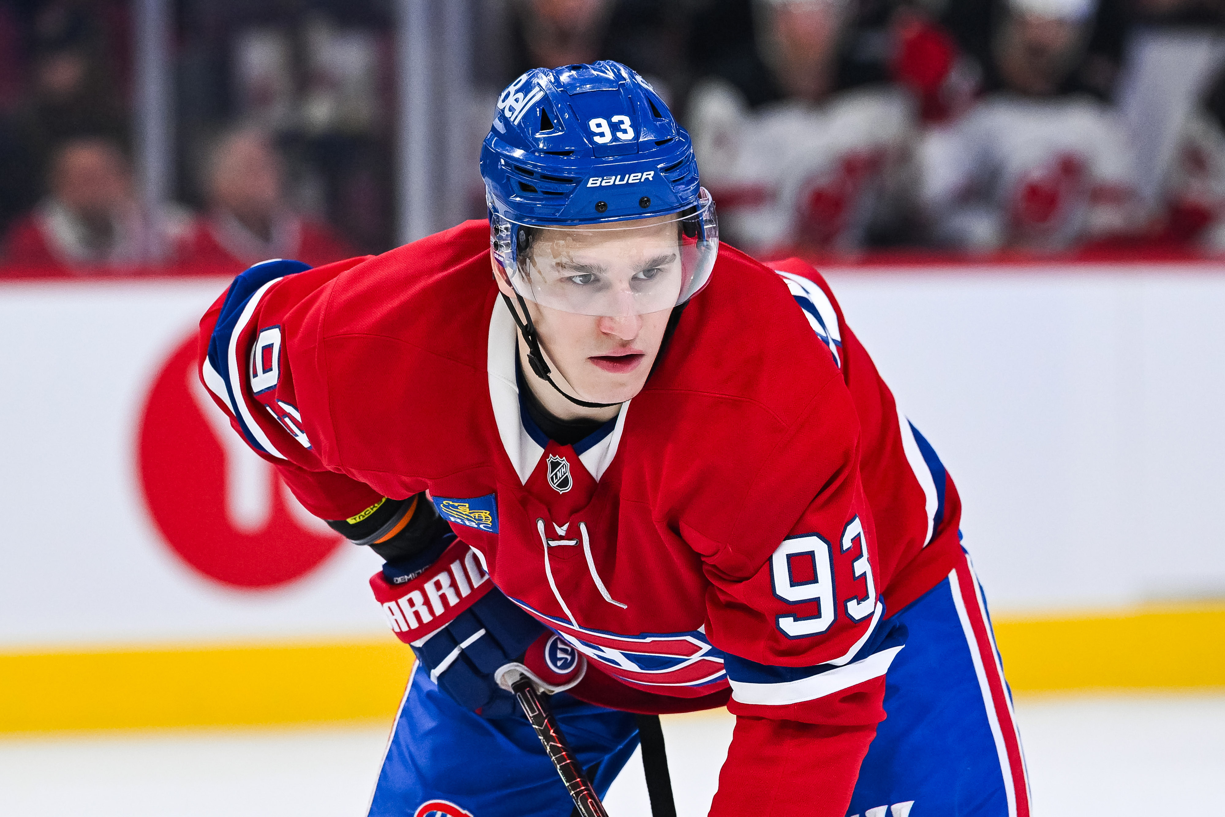 Montreal Canadiens right wing Ivan Demidov (93), seen here waiting for a faceoff during a game, is featured in our Canadiens vs. Lightning prediction for Game 7 today.