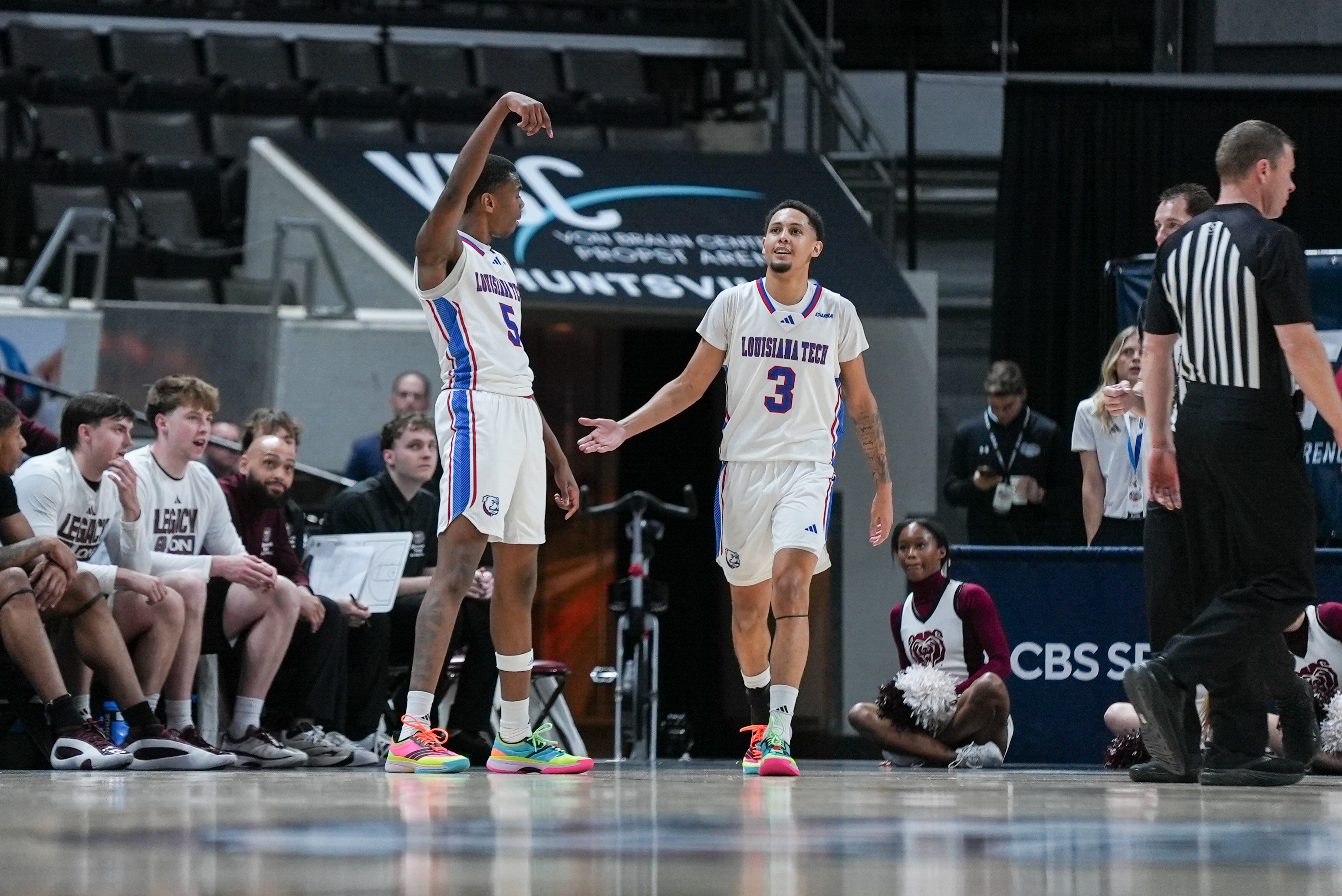 Avery Thomas II (5) and AJ Bates (3) of Louisiana Tech celebrates as we break down our Kennesaw State vs Louisiana Tech prediction.