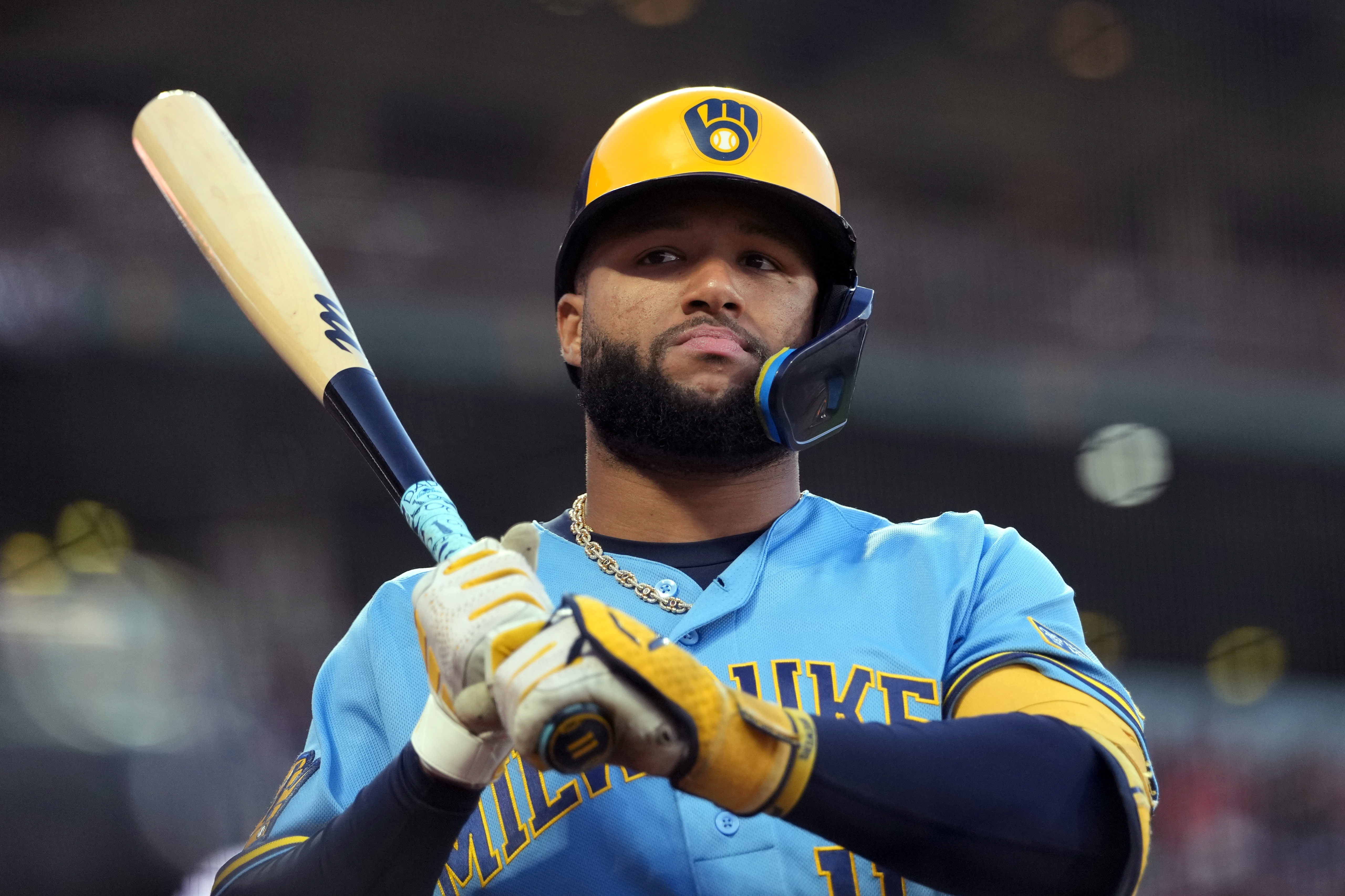 Milwaukee Brewers left fielder Jackson Chourio (11) looks on as we break down our home run predictions today.