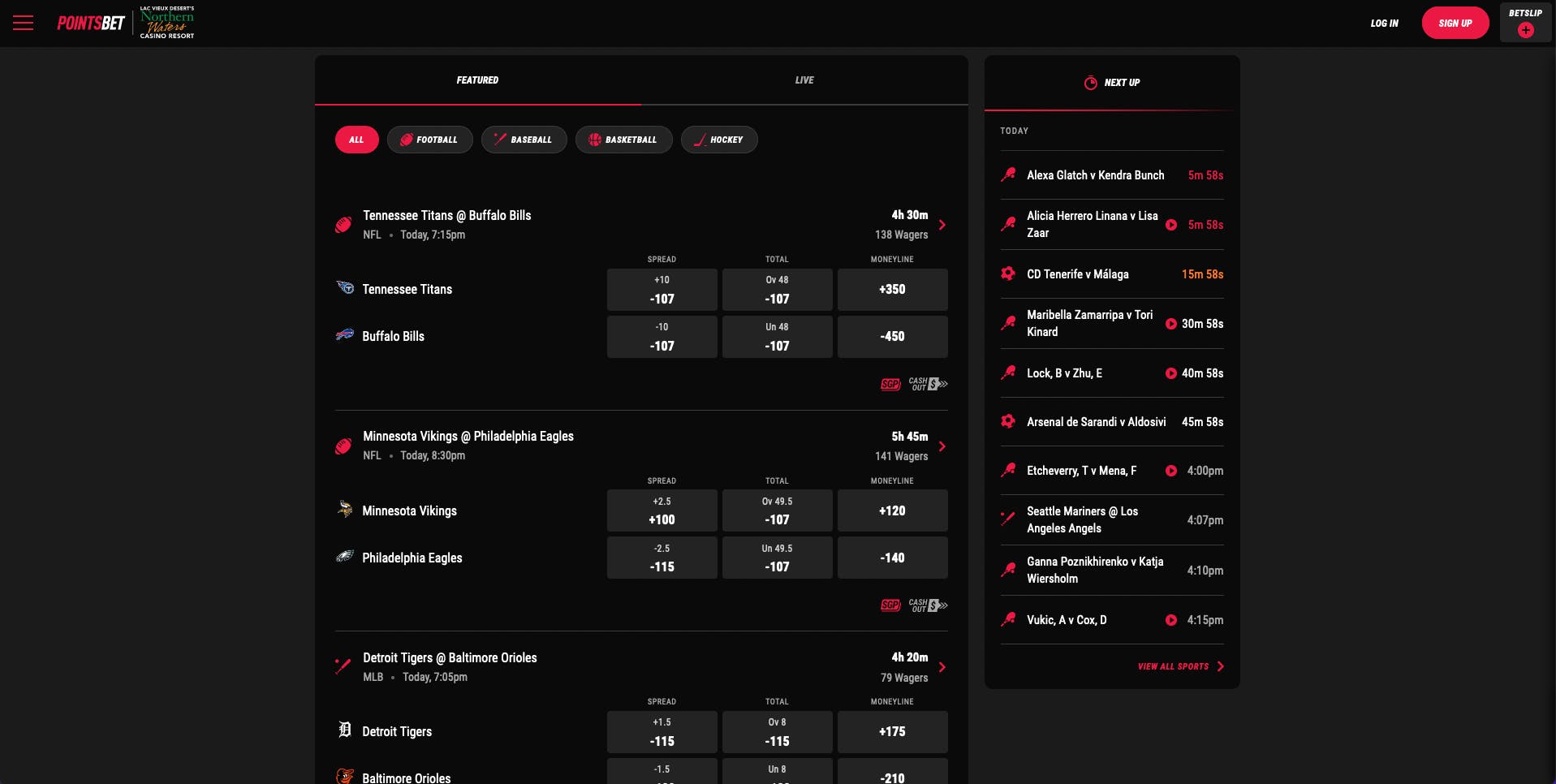 PointsBet Sportsbook home page<br>