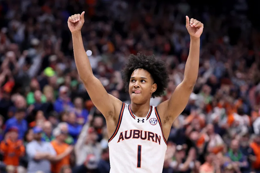 Aden Holloway of the Auburn Tigers celebrates against the Florida Gators during the second half of the SEC Tournament Championship game. Auburn won the conference tournament with the second shortest SEC Tournament odds. 