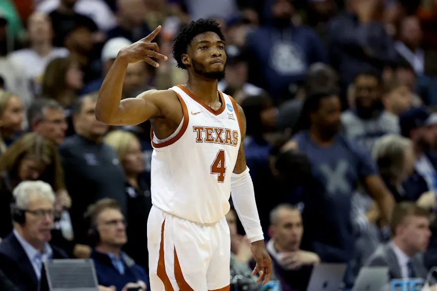 Tyrese Hunter of the Texas Longhorns reacts after scoring against the Xavier Musketeers during the first half in the Sweet 16 round.