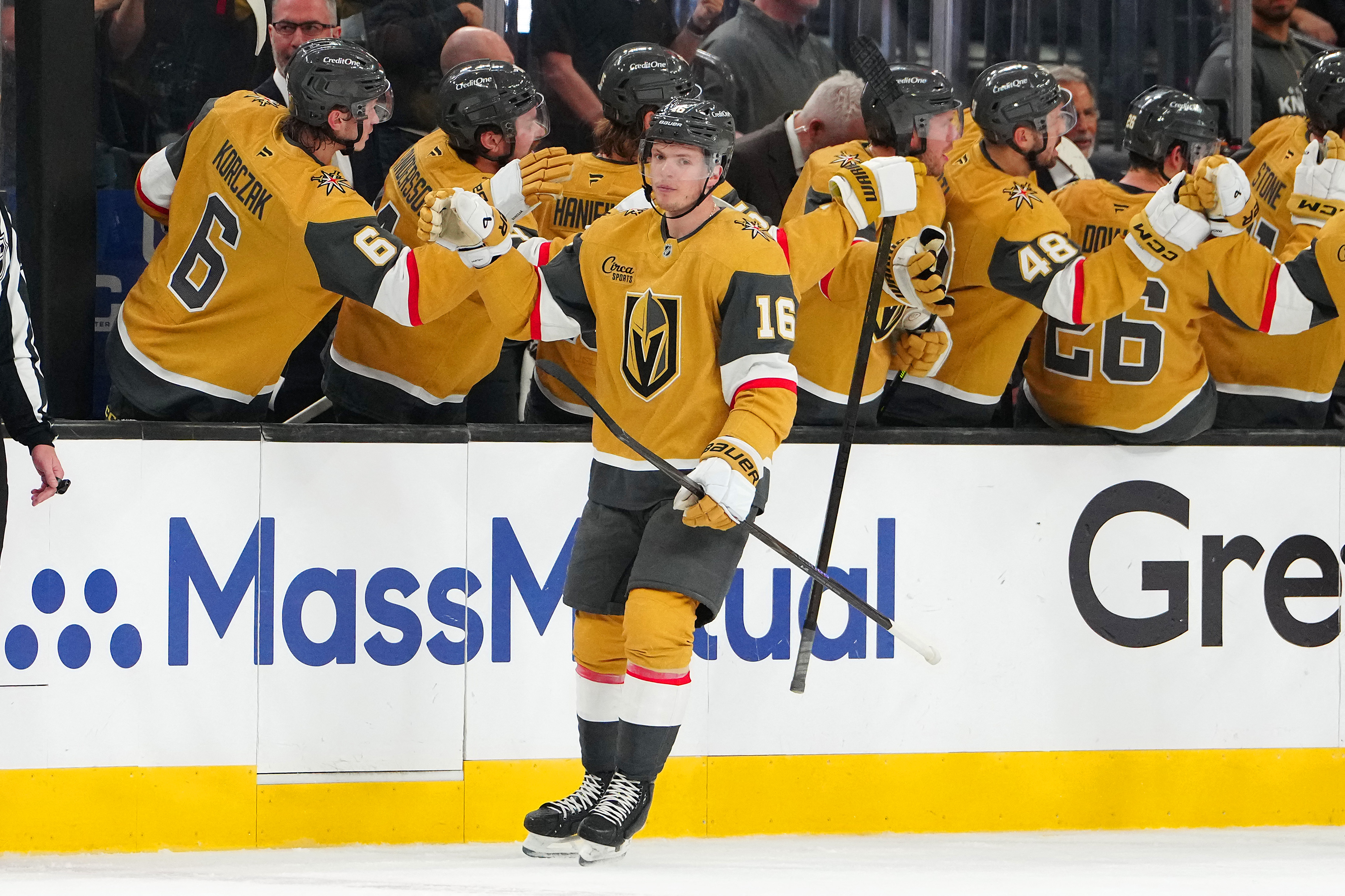 Vegas Golden Knights right wing Pavel Dorofeyev celebrates after scoring while we make our best Golden Knights vs. Hurricanes prediction.