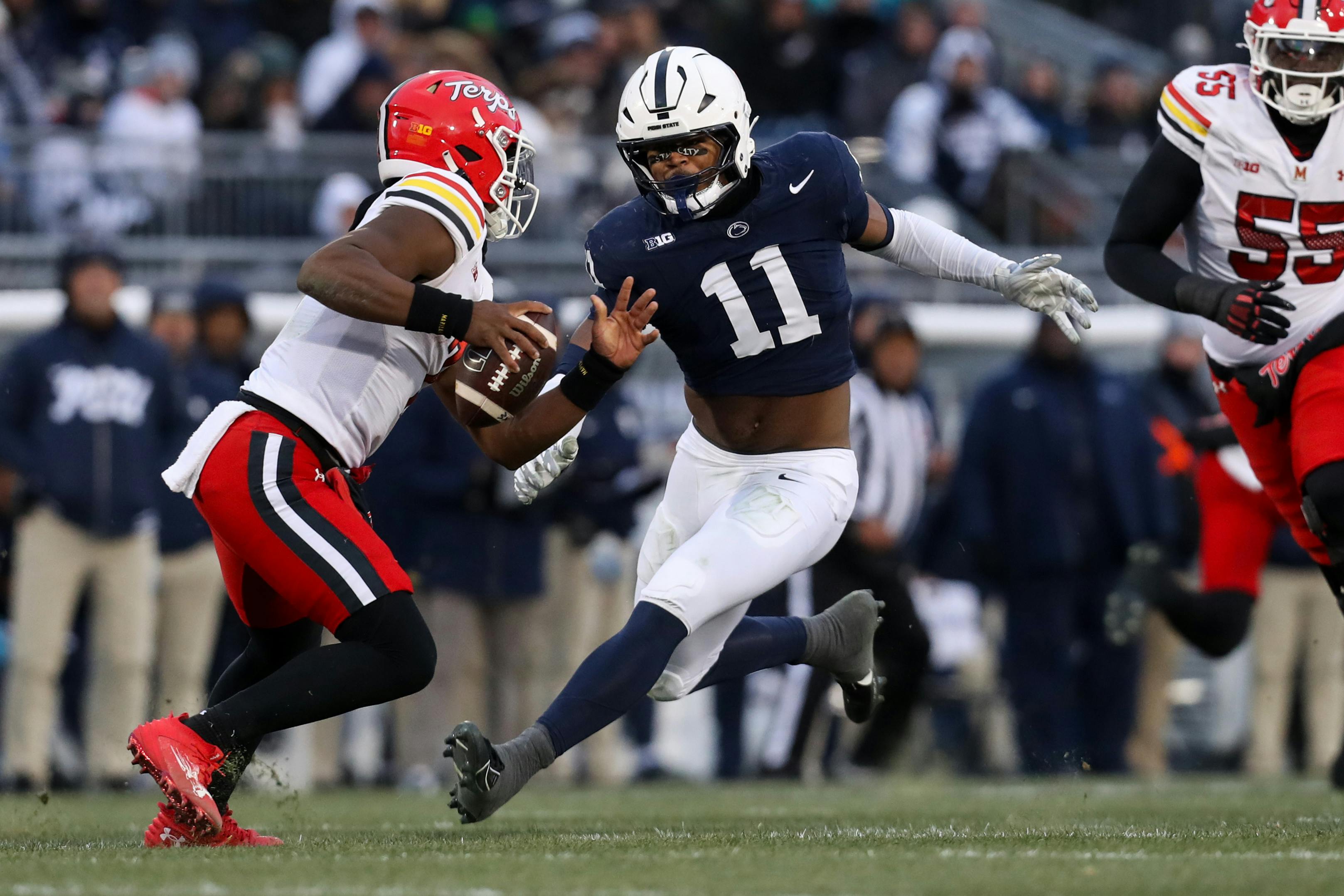 Penn State defensive end Abdul Carter pressures Maryland quarterback MJ Morris. We cover the Big Ten title game as part of our college football conference championship predictions.