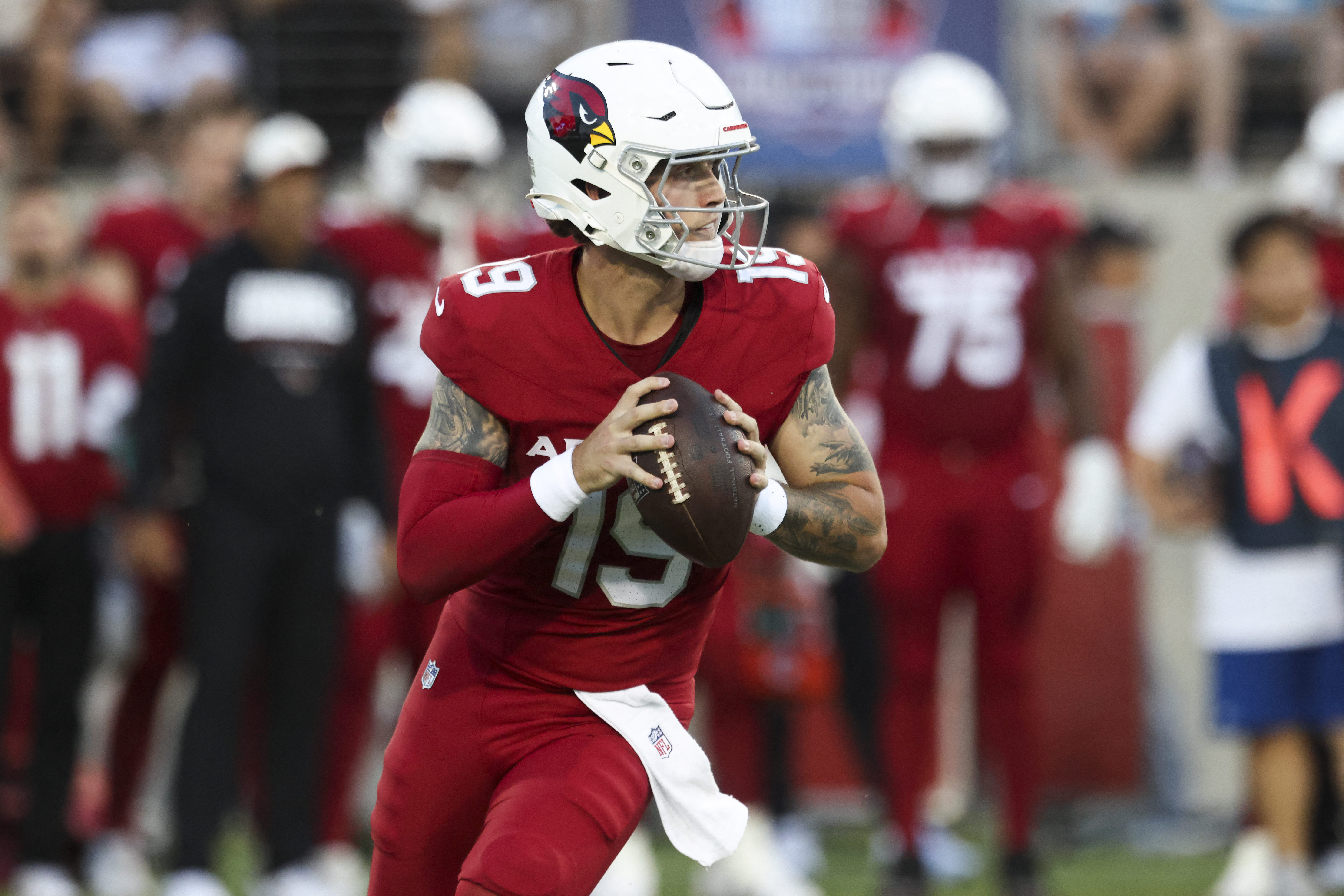Arizona Cardinals quarterback Carson Beck (19) looks to pass as we provide our Cardinals vs. Raiders prediction for the NFL preseason.