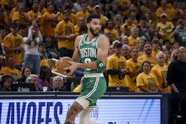Boston Celtics forward Jayson Tatum looks to pass the ball as we look at the best 2024 NBA Finals MVP odds