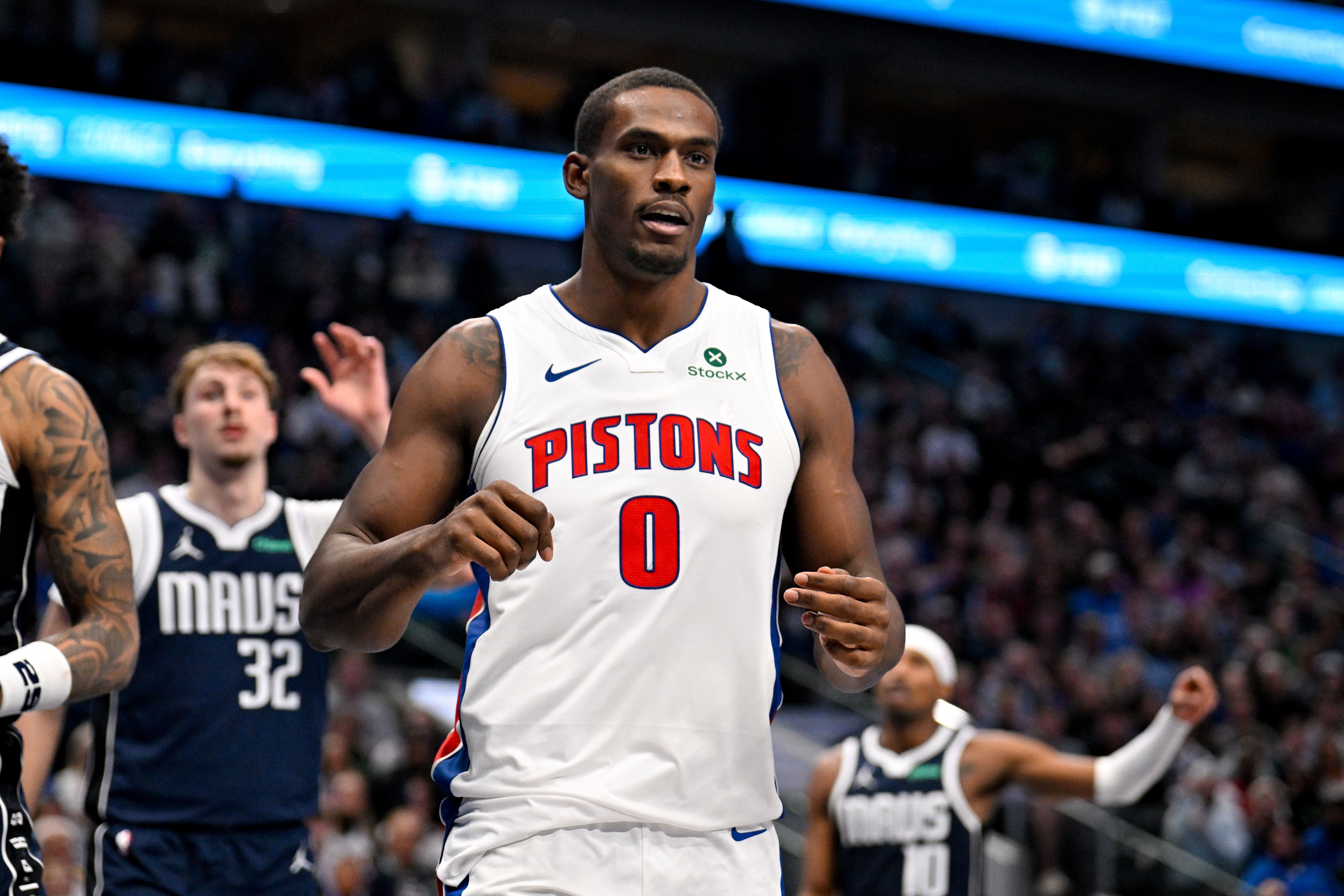 Detroit Pistons center Jalen Duren (0), seen here looking on during a game, is the betting favorite in the NBA Most Improved Player odds.