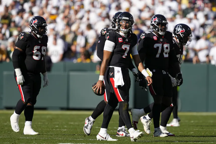 Houston Texans quarterback C.J. Stroud walks from the field during the third quarter against the Green Bay Packers.