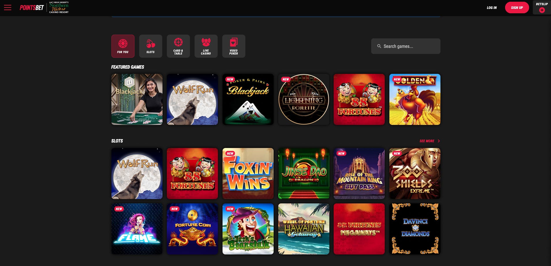 PointsBet Casino home page<br>