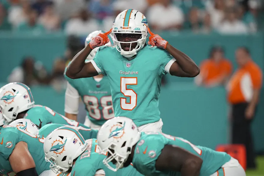 Teddy Bridgewater of the Miami Dolphins signals at the line of scrimmage during the second quarter of the preseason game against the Las Vegas Raiders.