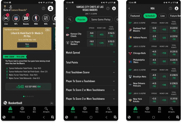 Screenshots of the Caesars Sportsbook iOS app.