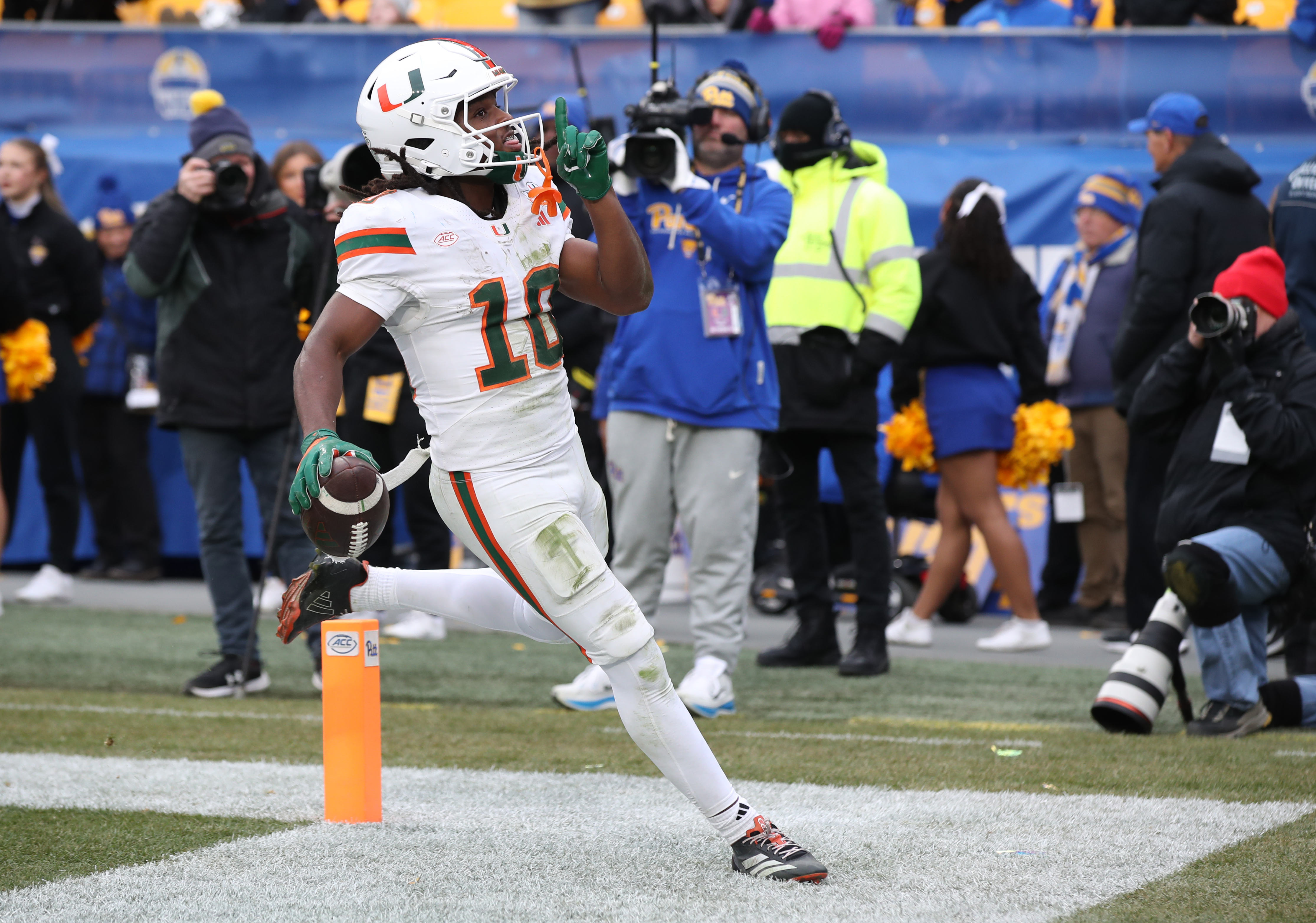 Miami Hurricanes wide receiver Malachi Toney (10) reacts as part of our Miami vs. Texas A&M player props.
