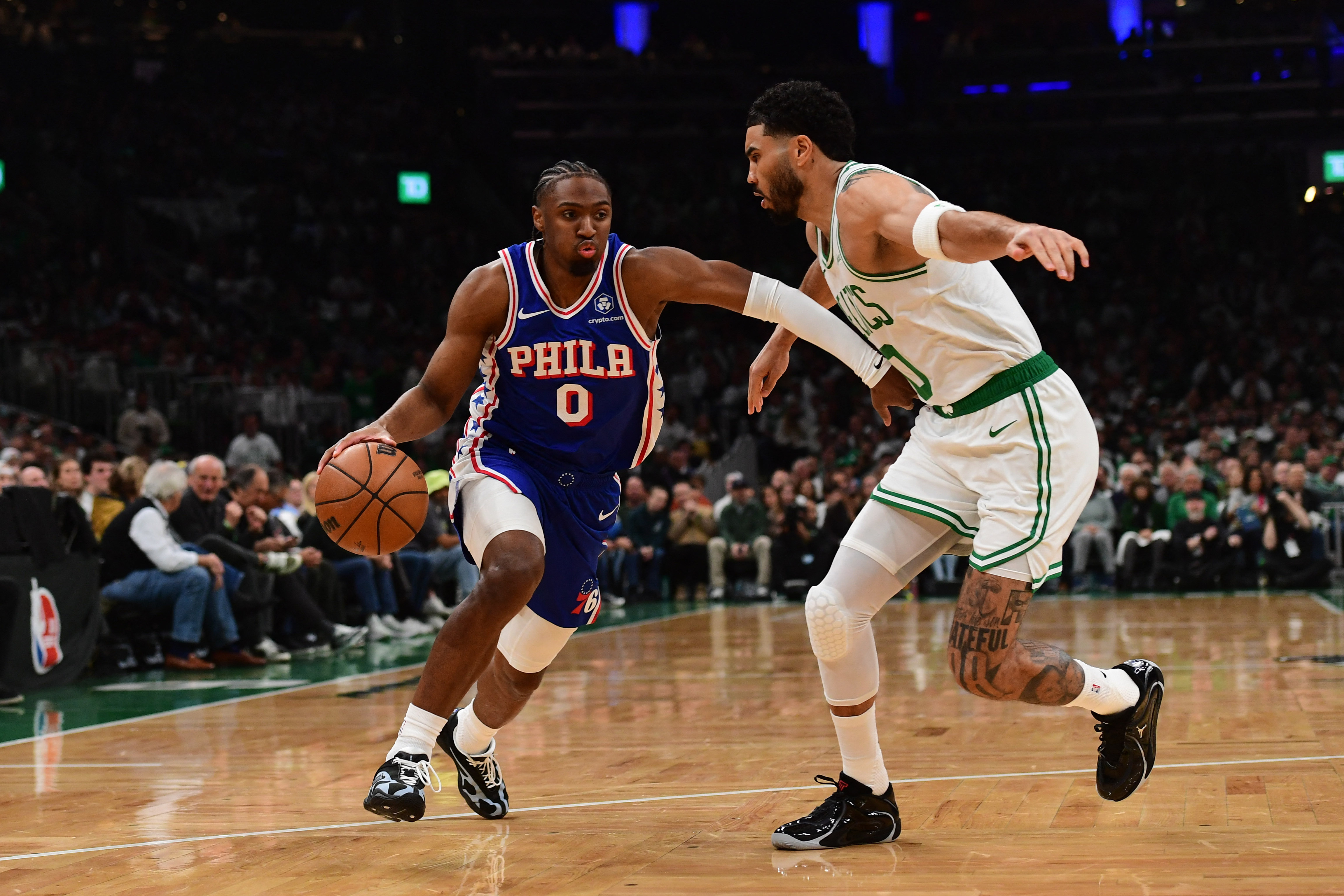 Philadelphia 76ers guard Tyrese Maxey drives past Boston Celtics forward Jayson Tatum as we make our best 76ers vs. Celtics player props.