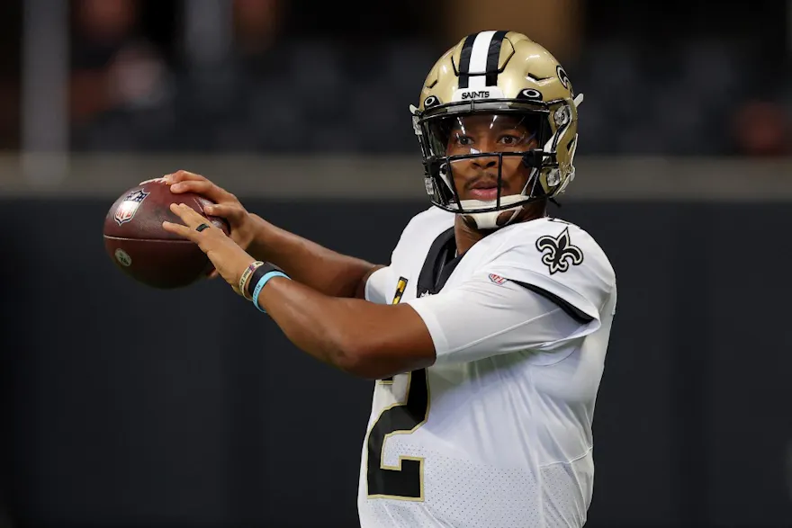 Jameis Winston of the New Orleans Saints throws the ball prior to the game against the Atlanta Falcons at Mercedes-Benz Stadium.