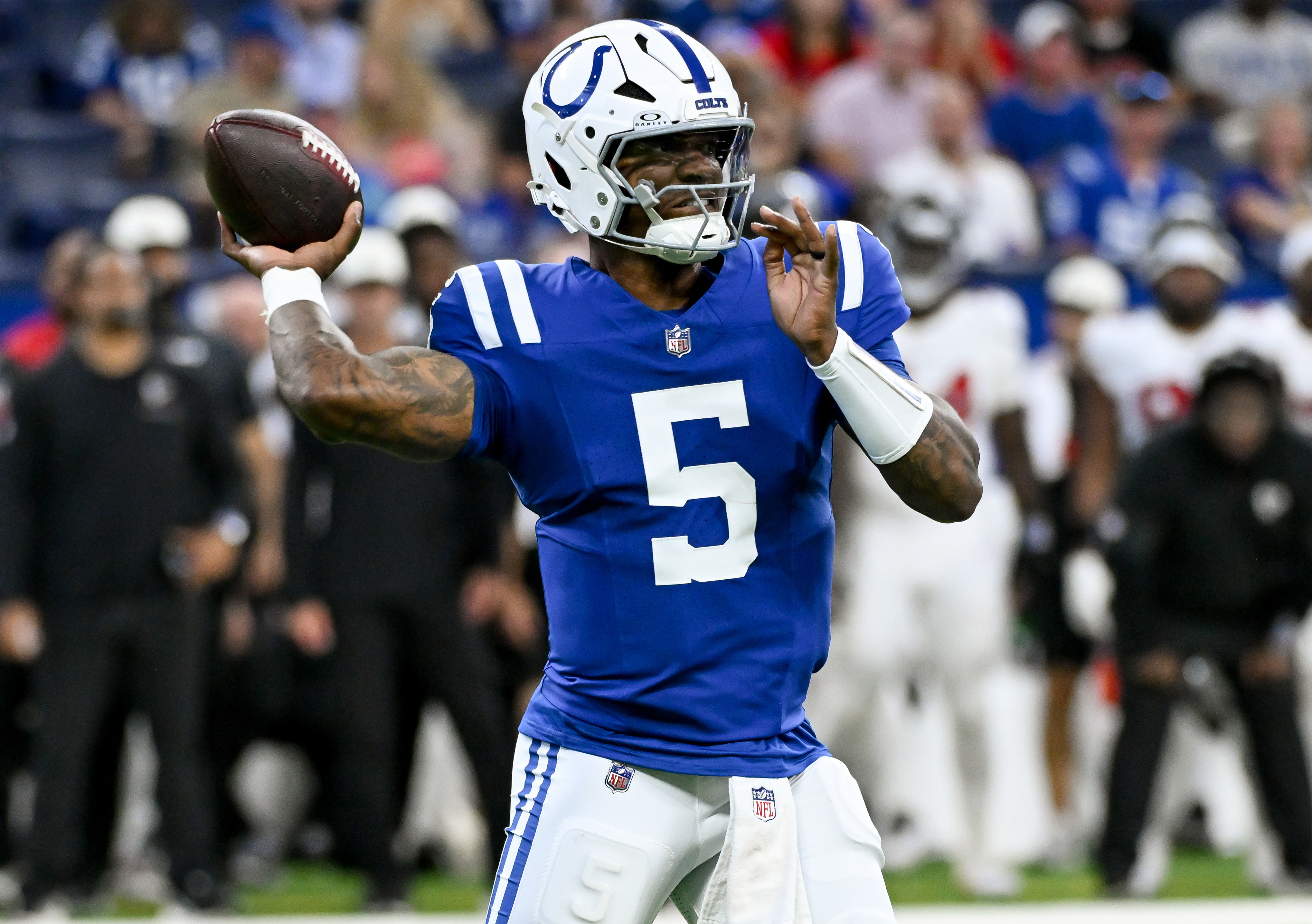 Indianapolis Colts quarterback Anthony Richardson (5) throws a pass as we break down our Lions vs. Colts prediction.