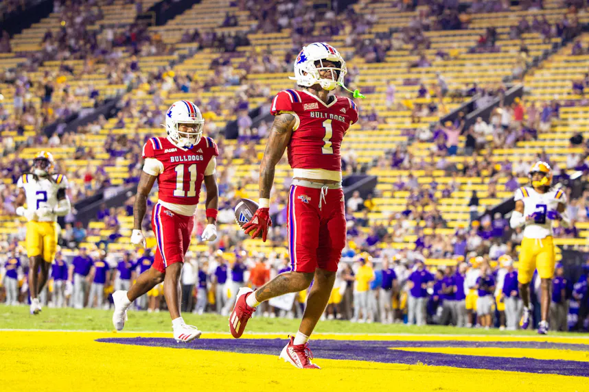 Louisiana Tech Bulldogs wide receiver Devin Gandy scores a touchdown as we make our best Sam Houston vs. Louisiana Tech prediction.