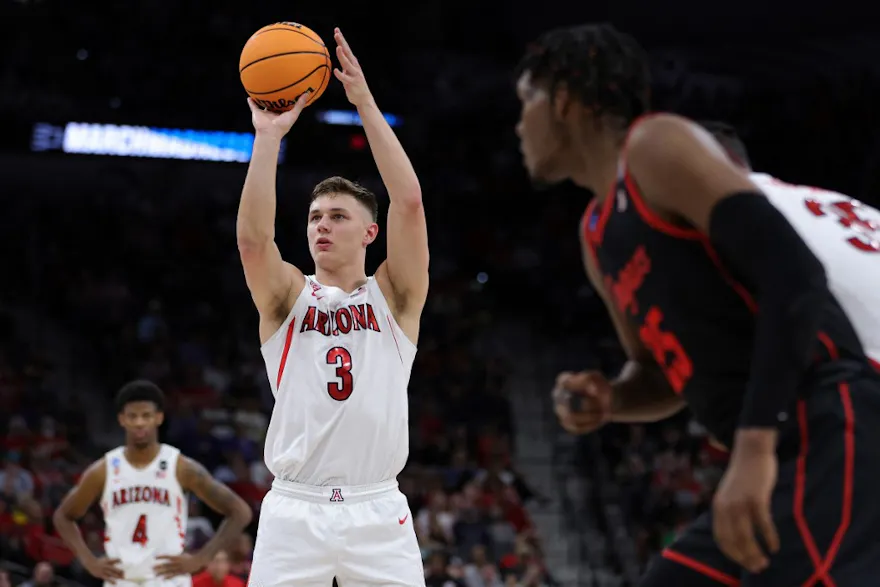 Pelle Larsson #3 of the Arizona Wildcats shoots a free throw against the Houston Cougars during the second half in the NCAA Men's Basketball Tournament Sweet 16 Round at AT&T Center on March 24, 2022 in San Antonio, Texas.