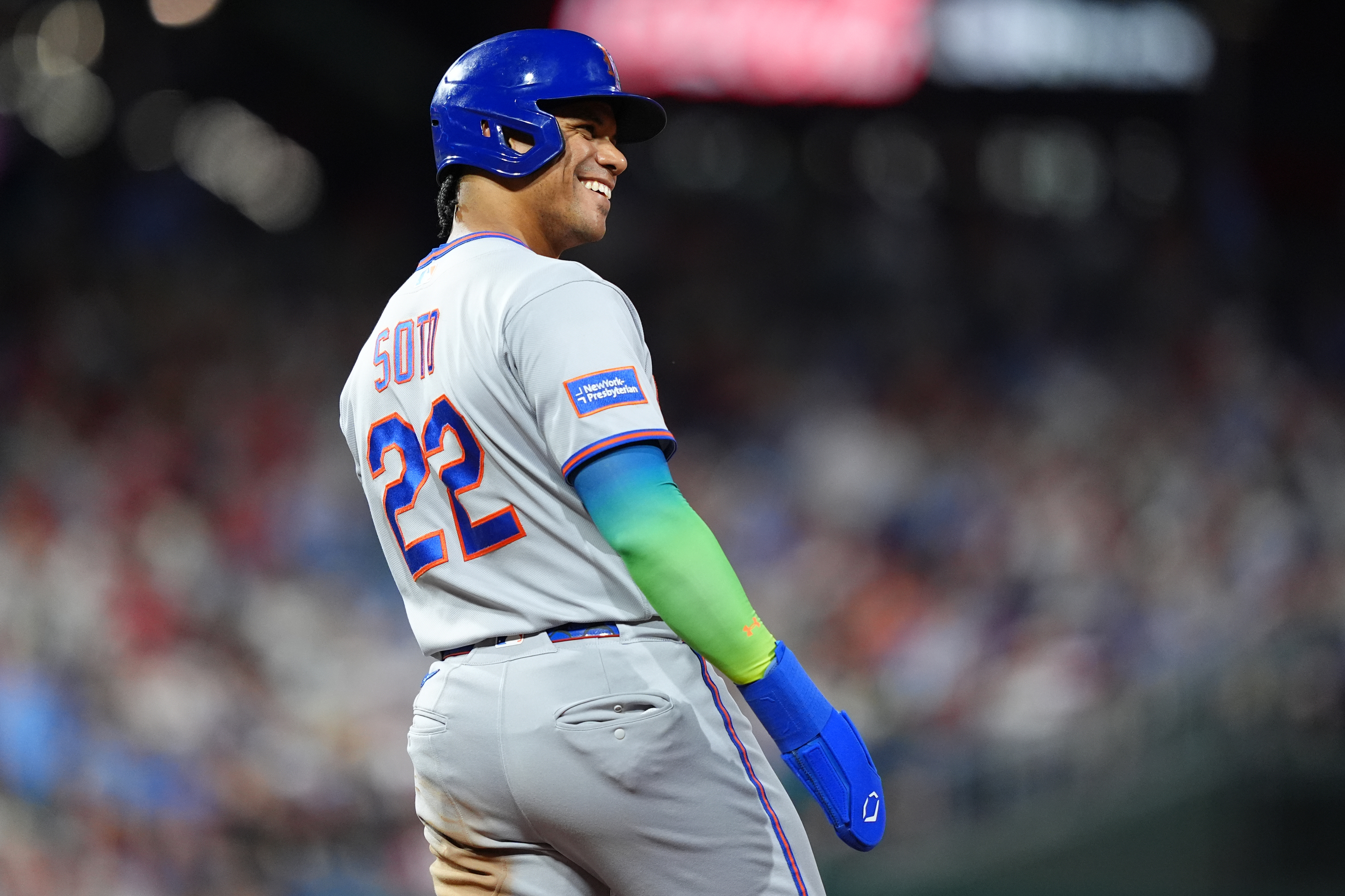 New York Mets outfielder Juan Soto - who's featured in our home run predictions - reacts. 