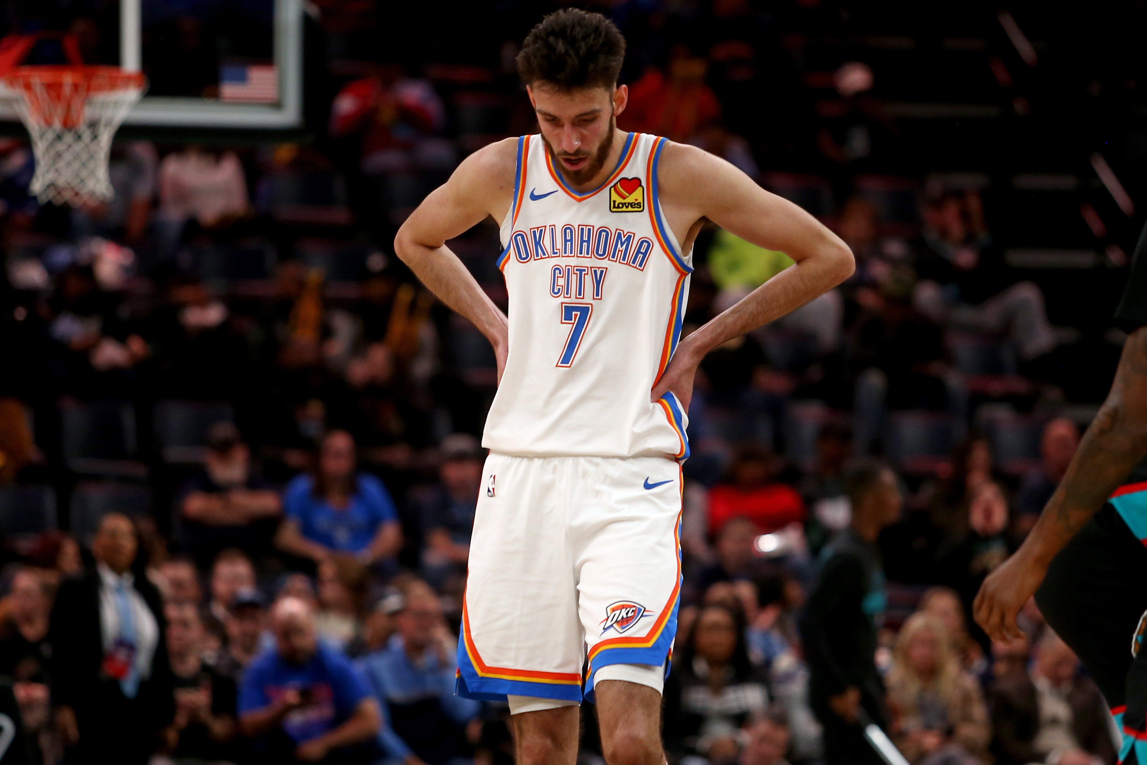 Oklahoma City Thunder center Chet Holmgren (7), seen here reacting during a timeout, leads our NBA player props tonight.