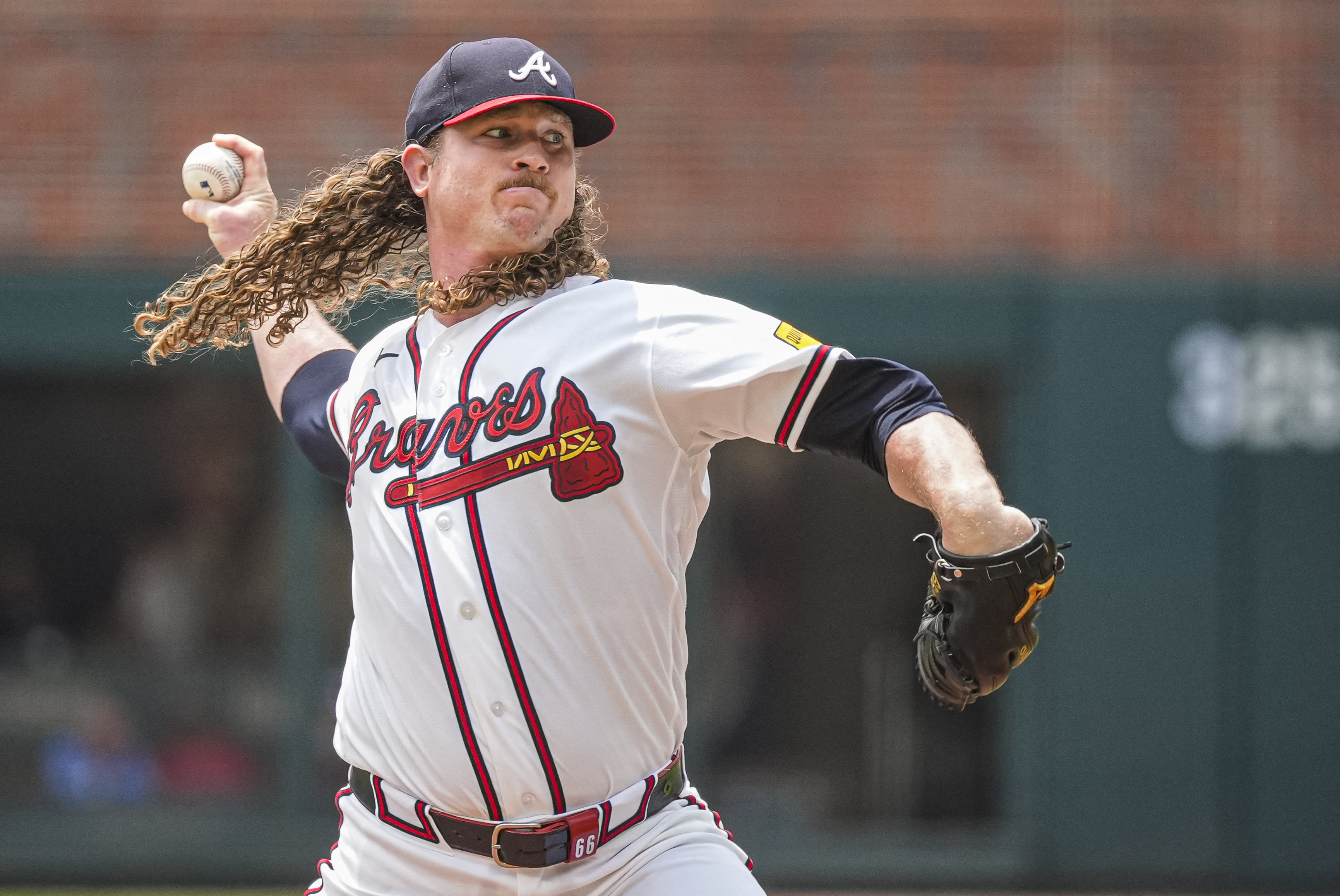 Atlanta Braves pitcher Grant Holmes - who's featured in my best strikeout props today - pitches. 
