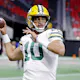 Jordan Love of the Green Bay Packers warms up before the game against the Atlanta Falcons at Mercedes-Benz Stadium as we look at our Lions-Packers BetMGM promo code.