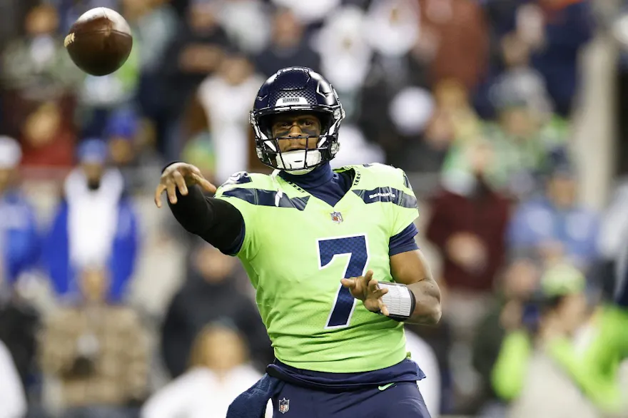 Geno Smith of the Seattle Seahawks throws a pass against the San Francisco 49ers at Lumen Field on Dec. 15, 2022 in Seattle, Washington. 