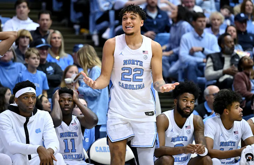 Justin McKoy of the North Carolina Tar Heels reacts to a foul called during the second half of their game against the James Madison Dukes.