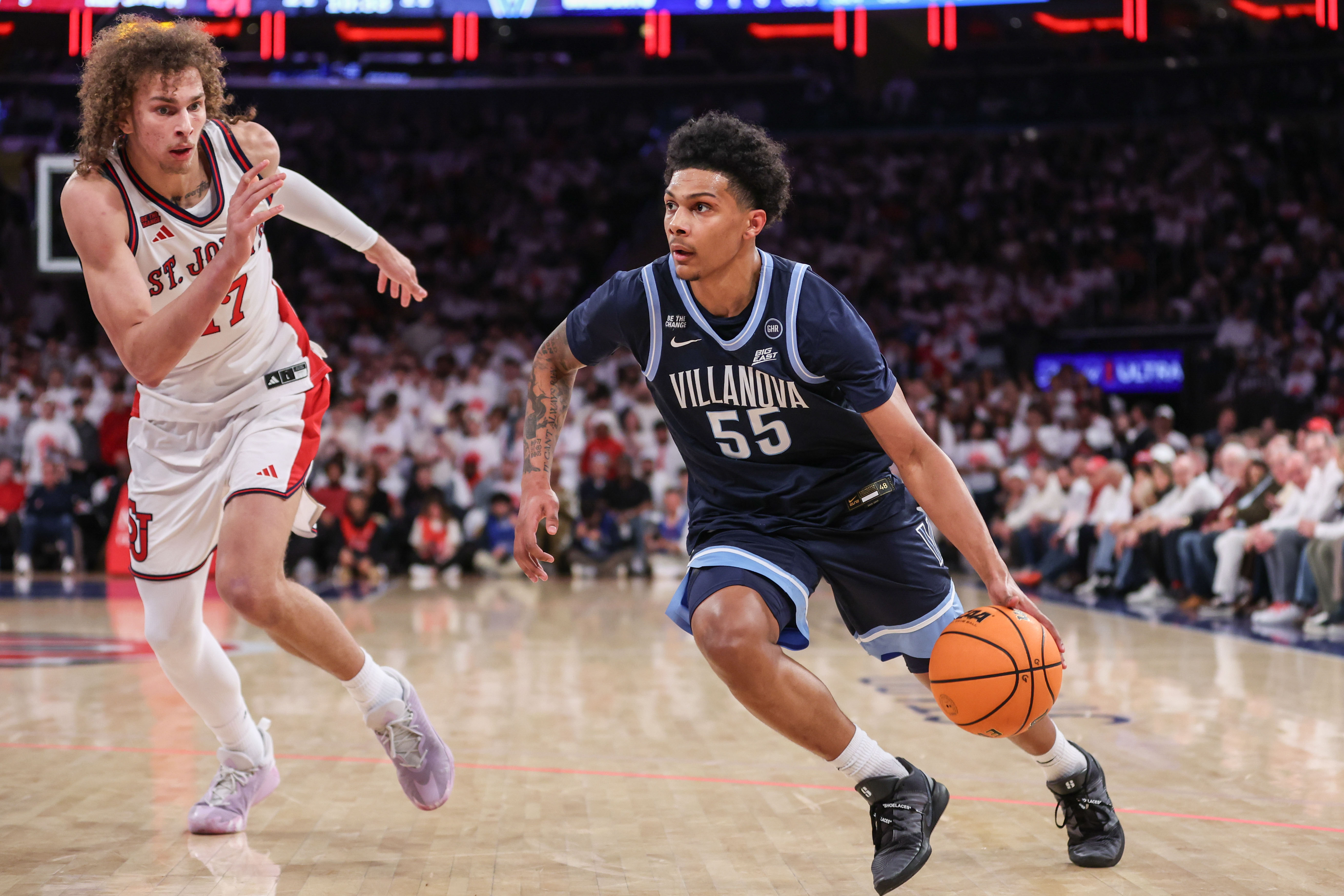Villanova Wildcats guard Acaden Lewis - who's featured in my Utah State vs. Villanova prediction - dribbles. 