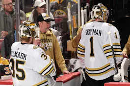 Jeremy Swayman walks off the ice during the third period against the Florida Panthers in Game 2 as we provide analysis and our best prediction for Game 3 between the Florida Panthers and Boston Bruins. 