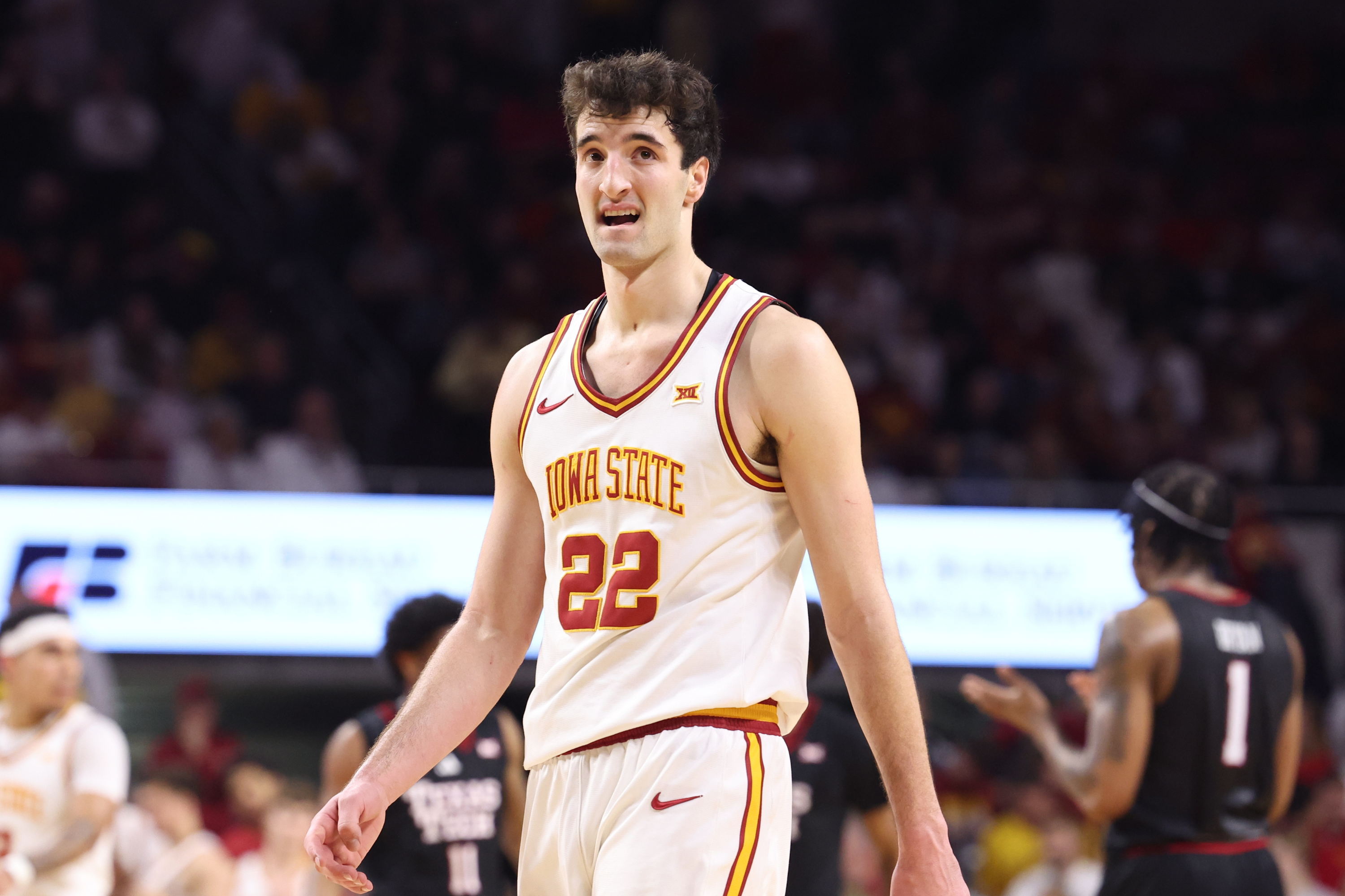 Iowa State Cyclones forward Milan Momcilovic (22), seen here watching the clock, is featured in our Tennessee vs. Iowa State prediction.