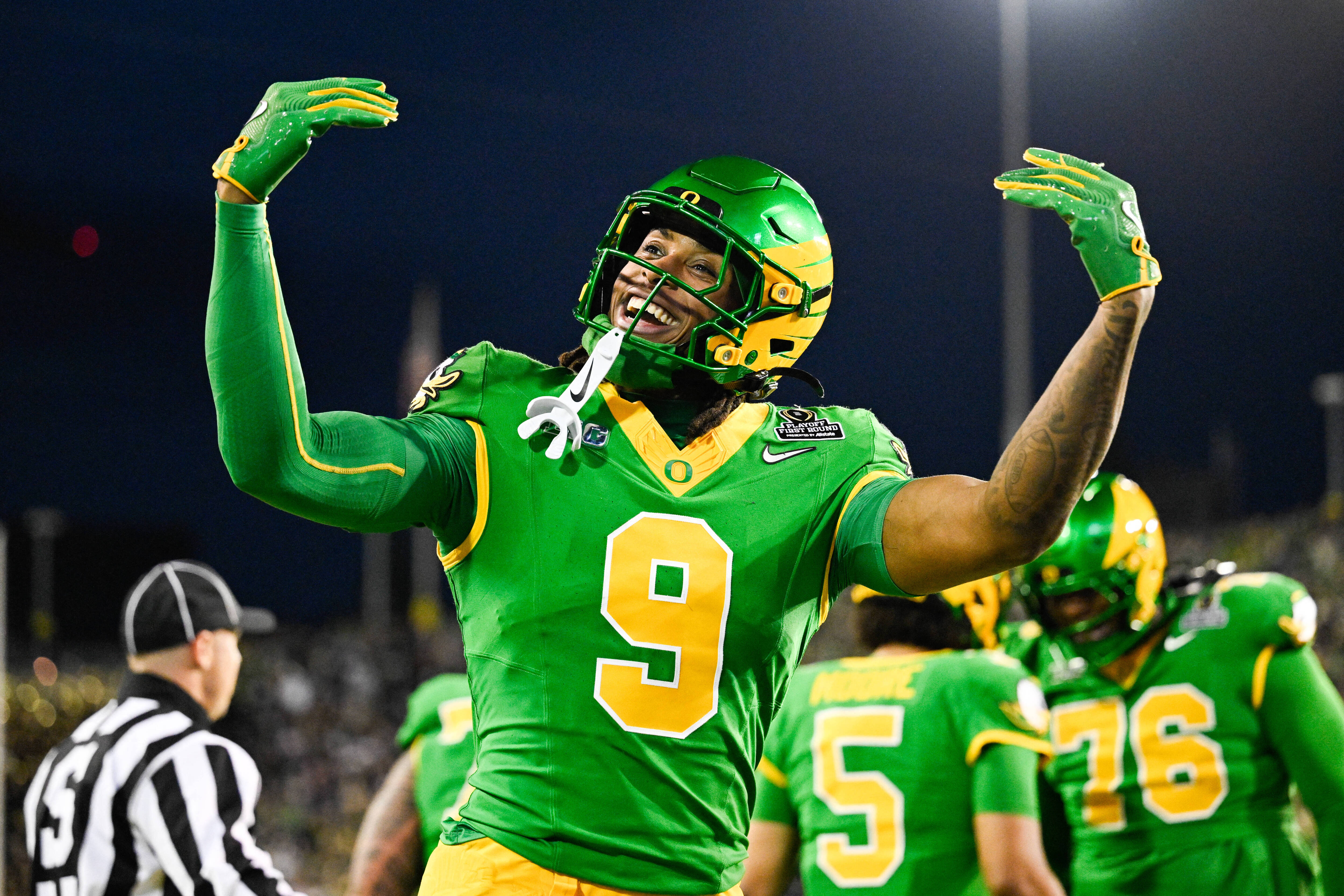 Oregon's Jamari Johnson (9) is key to our early CFP National Championship predictions. 