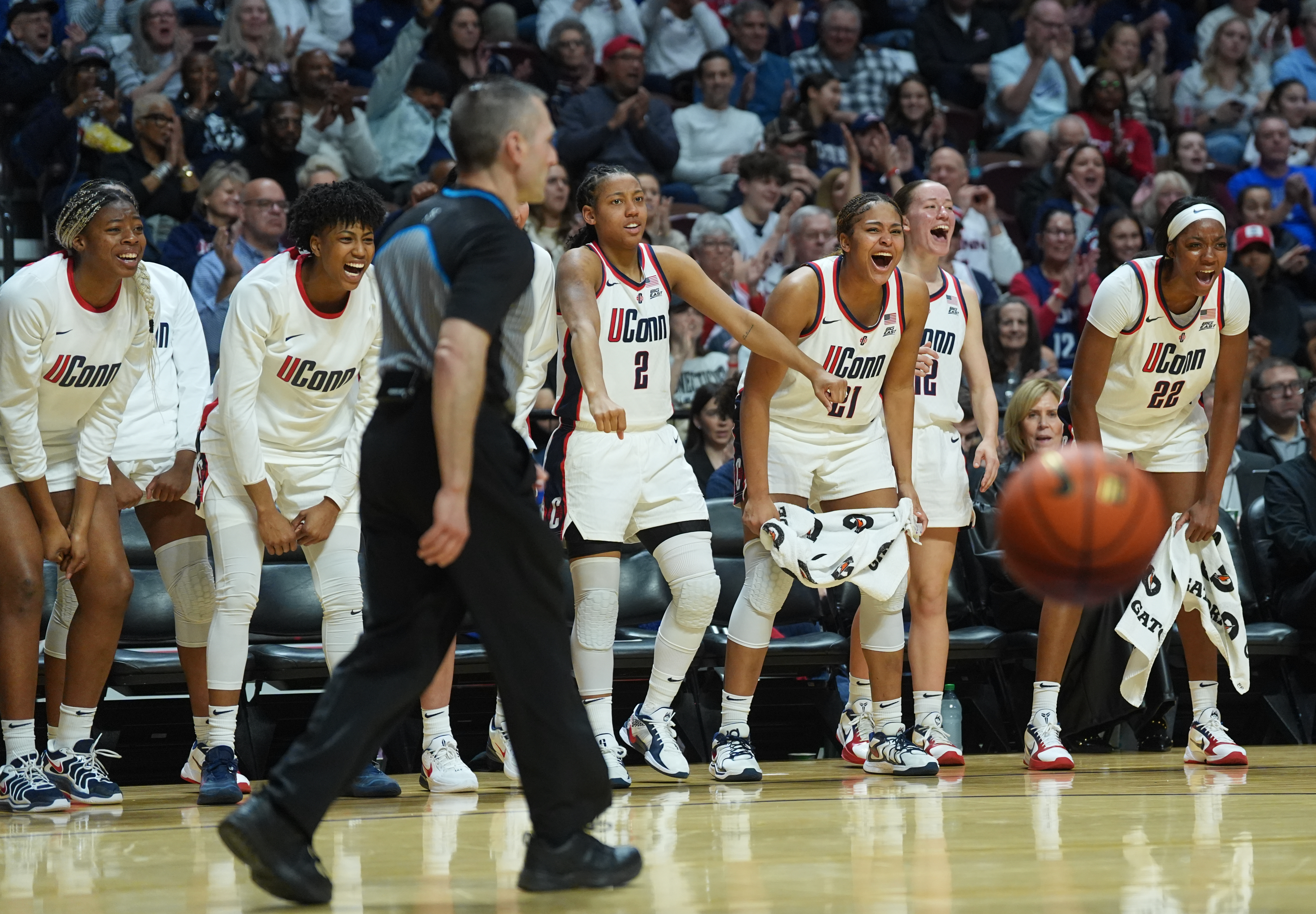 The UConn Huskies bench reacts after a basket as we look at the women's March Madness odds for the 2026 NCAA Tournament