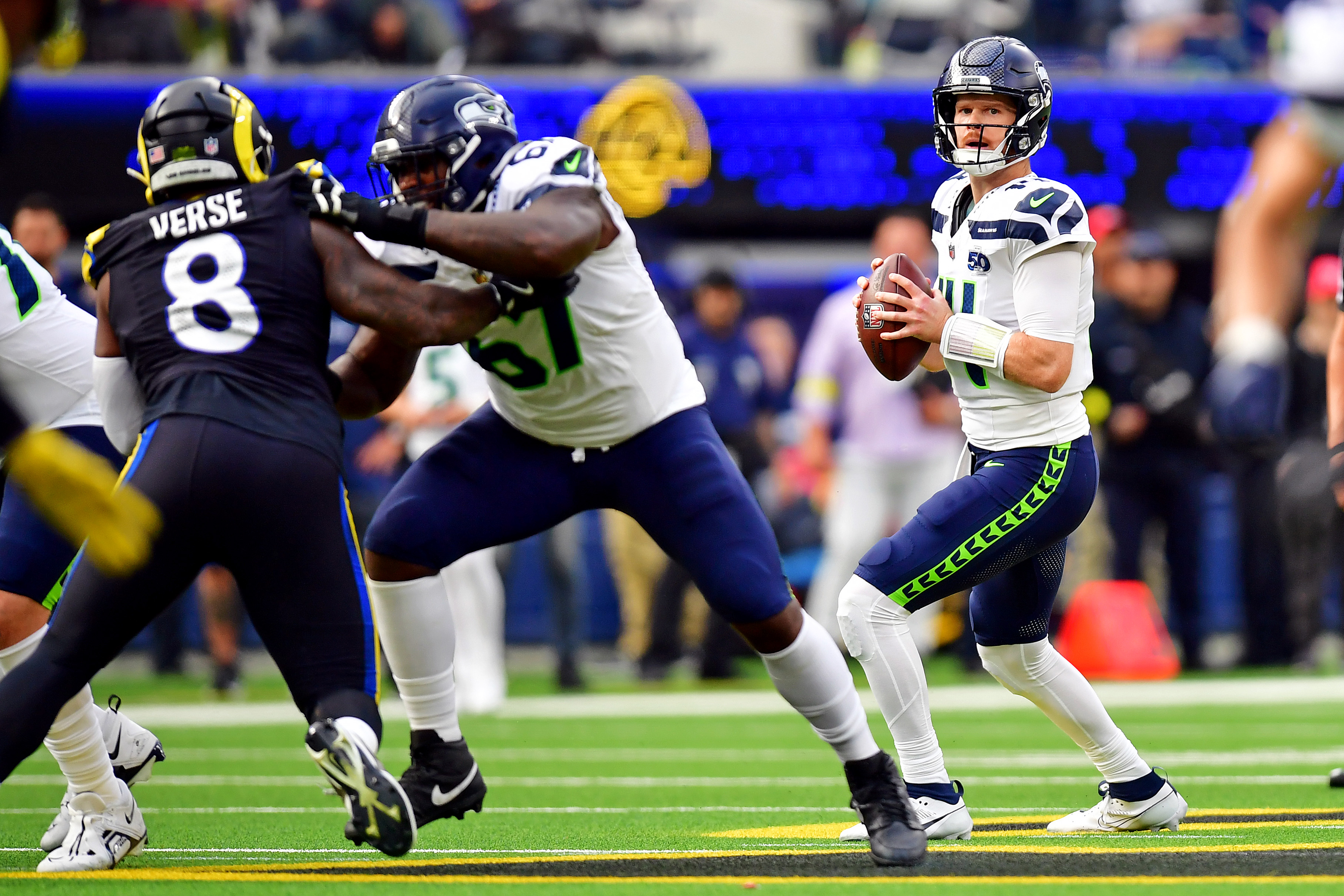Seattle Seahawks quarterback Sam Darnold (14) looks to pass as we provide our Rams vs. Seahawks same-game parlay.