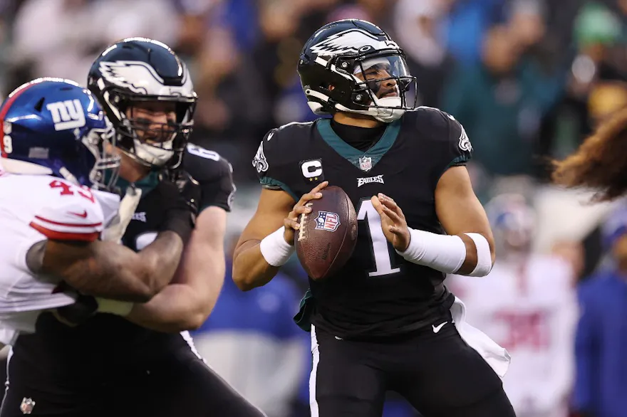 Jalen Hurts #1 of the Philadelphia Eagles attempts a pass during the first quarter against the New York Giants at Lincoln Financial Field on January 08, 2023 in Philadelphia, Pennsylvania.