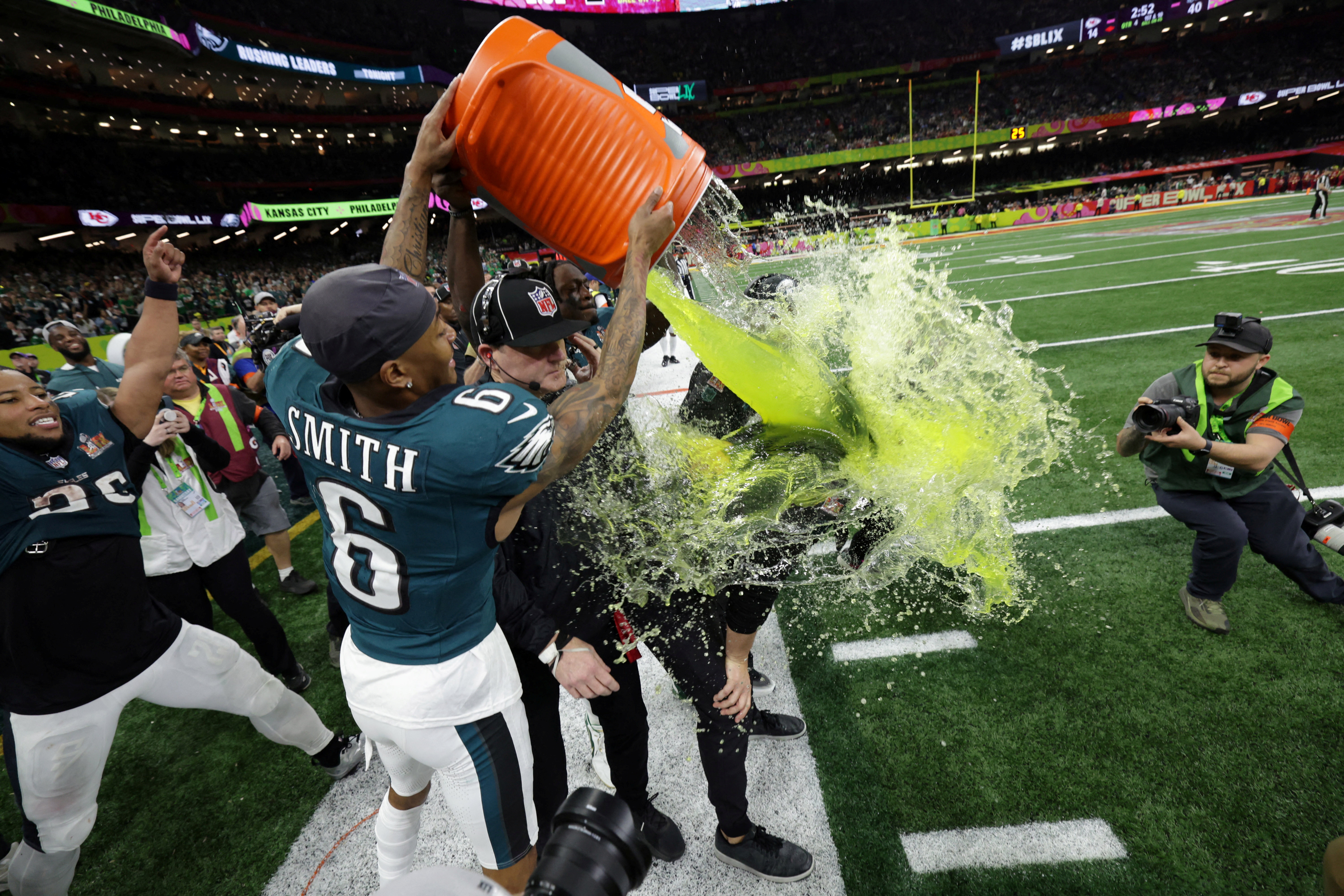A.J. Brown and DeVonta Smith pour Gatorade over head coach Nick Sirianni as we look at the Super Bowl Gatorade color props