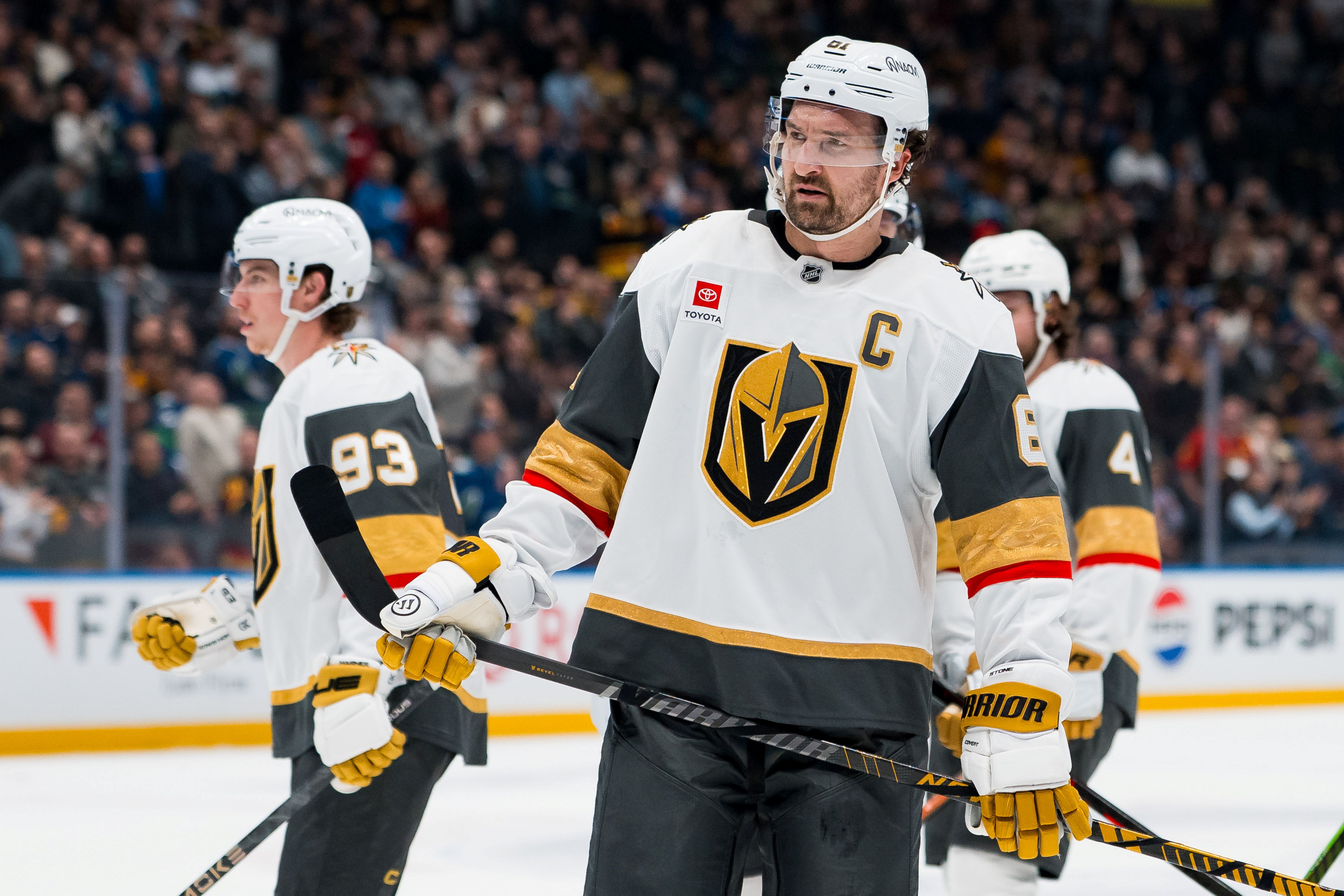 Vegas Golden Knights forward Mark Stone during a stop in play, and he's key as we look at our Mammoth vs. Golden Knights prediction.