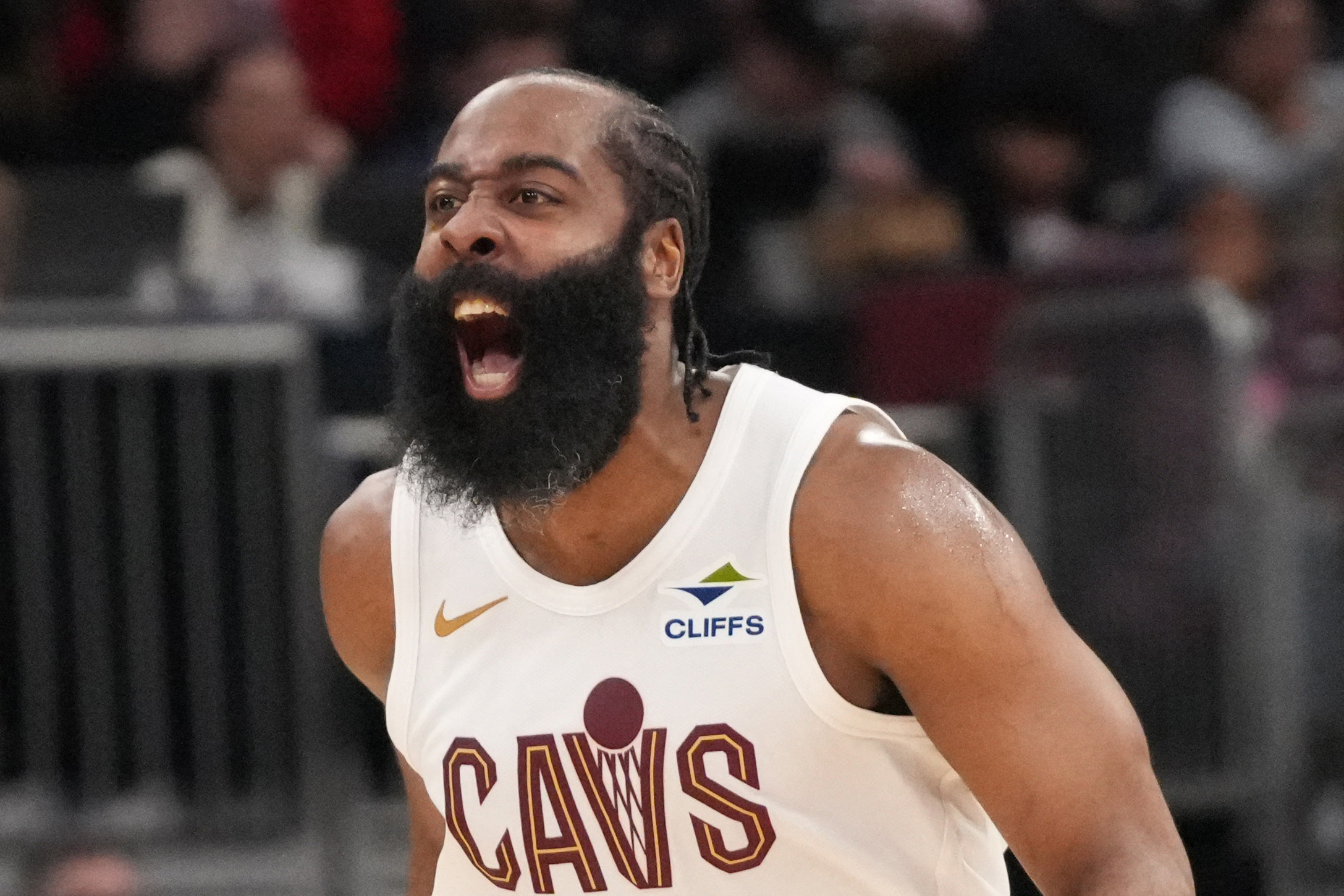 Cleveland Cavaliers guard James Harden (1), seen here reacting after making a 3-pointer, is expected to celebrate very few triples in our Magic vs. Cavaliers player props today.