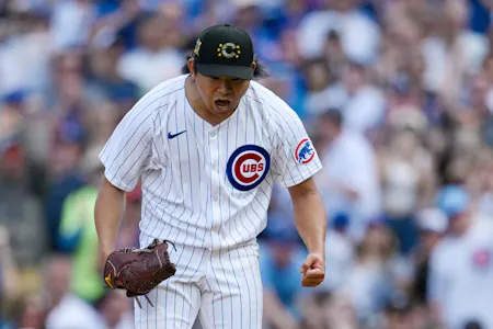 Shota Imanaga of the Chicago Cubs reacts in the seventh inning against the Pittsburgh Pirates, and we offer our top MLB player props and expert picks based on the best MLB odds.