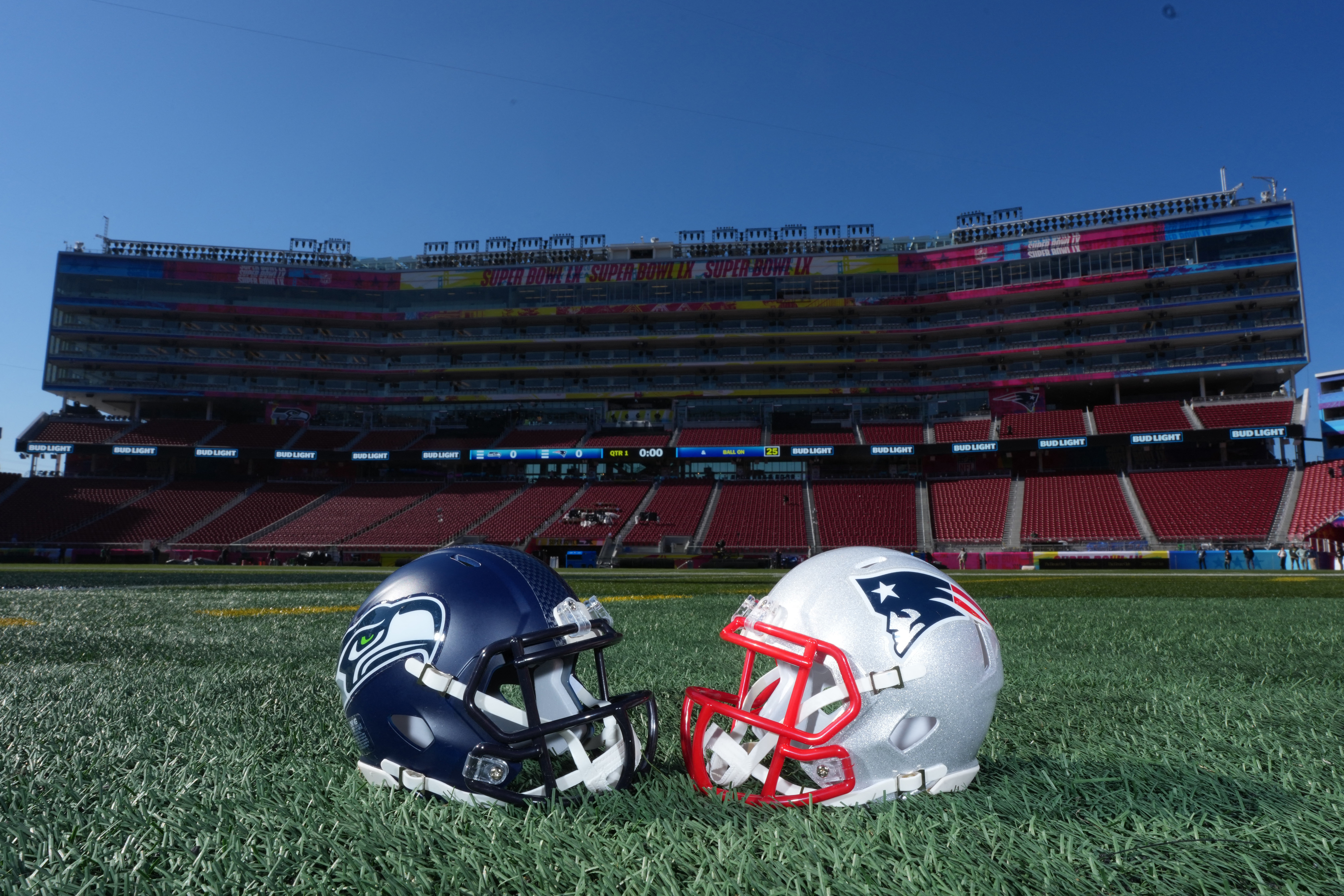 Seattle Seahawks and New England Patriots helmets at Levi's Stadium as we explore the Super Bowl weather forecast today.