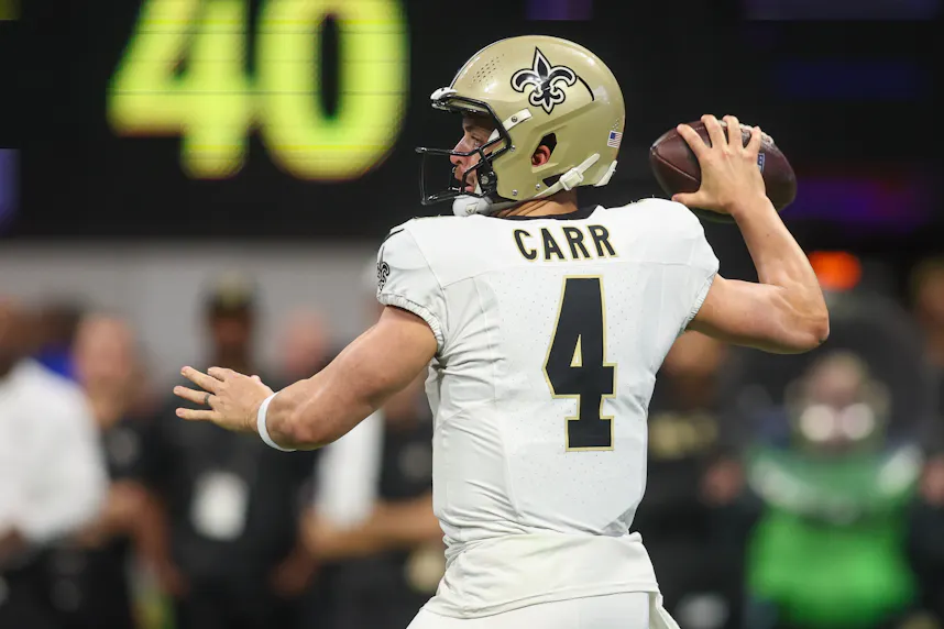 New Orleans Saints quarterback Derek Carr (4) throws a pass as we offer our Saints vs. Chiefs prediction tonight for Monday Night Football.