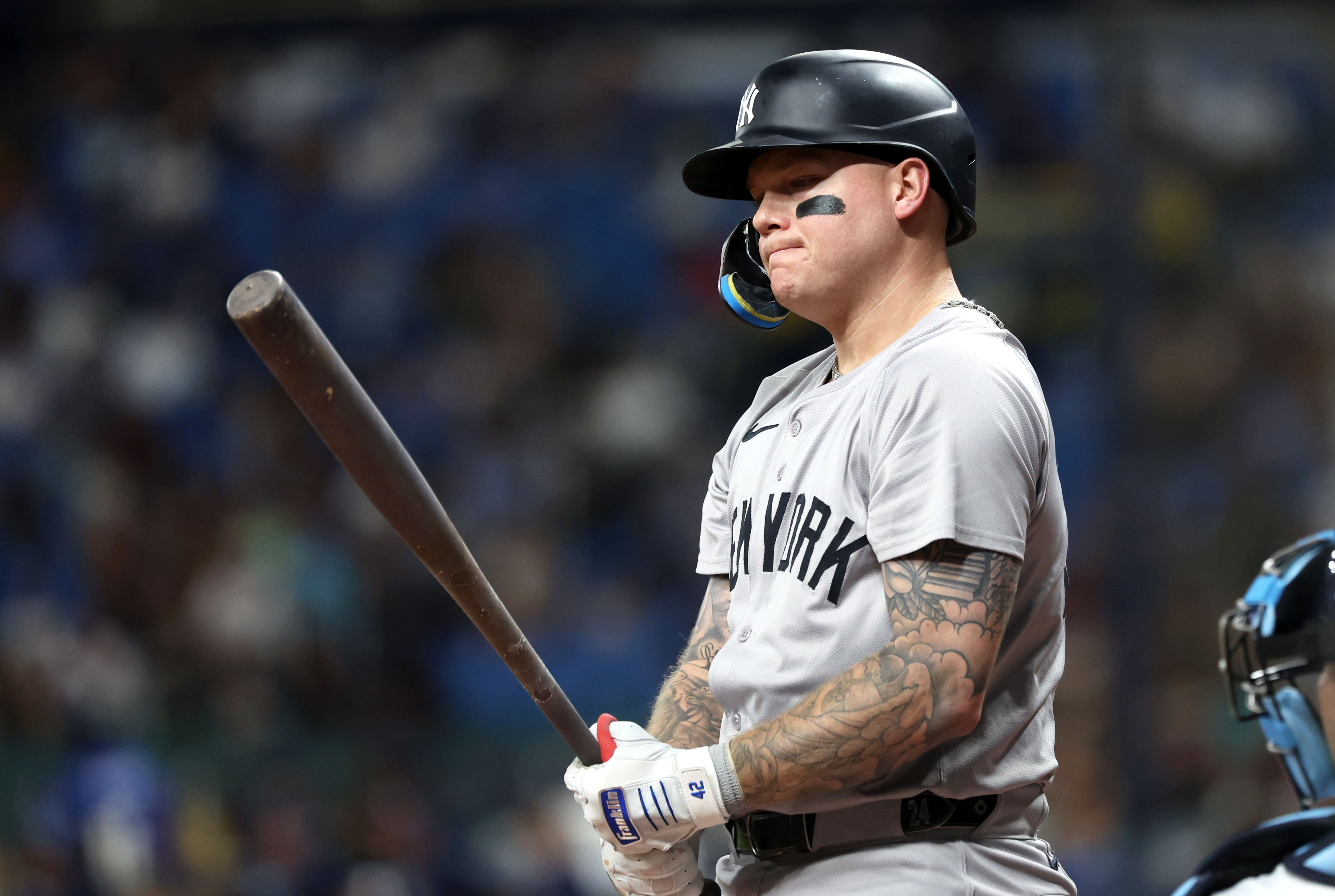 New York Yankees outfielder Alex Verdugo reacts while at bat as we look at the New York sports betting financials for June 2024