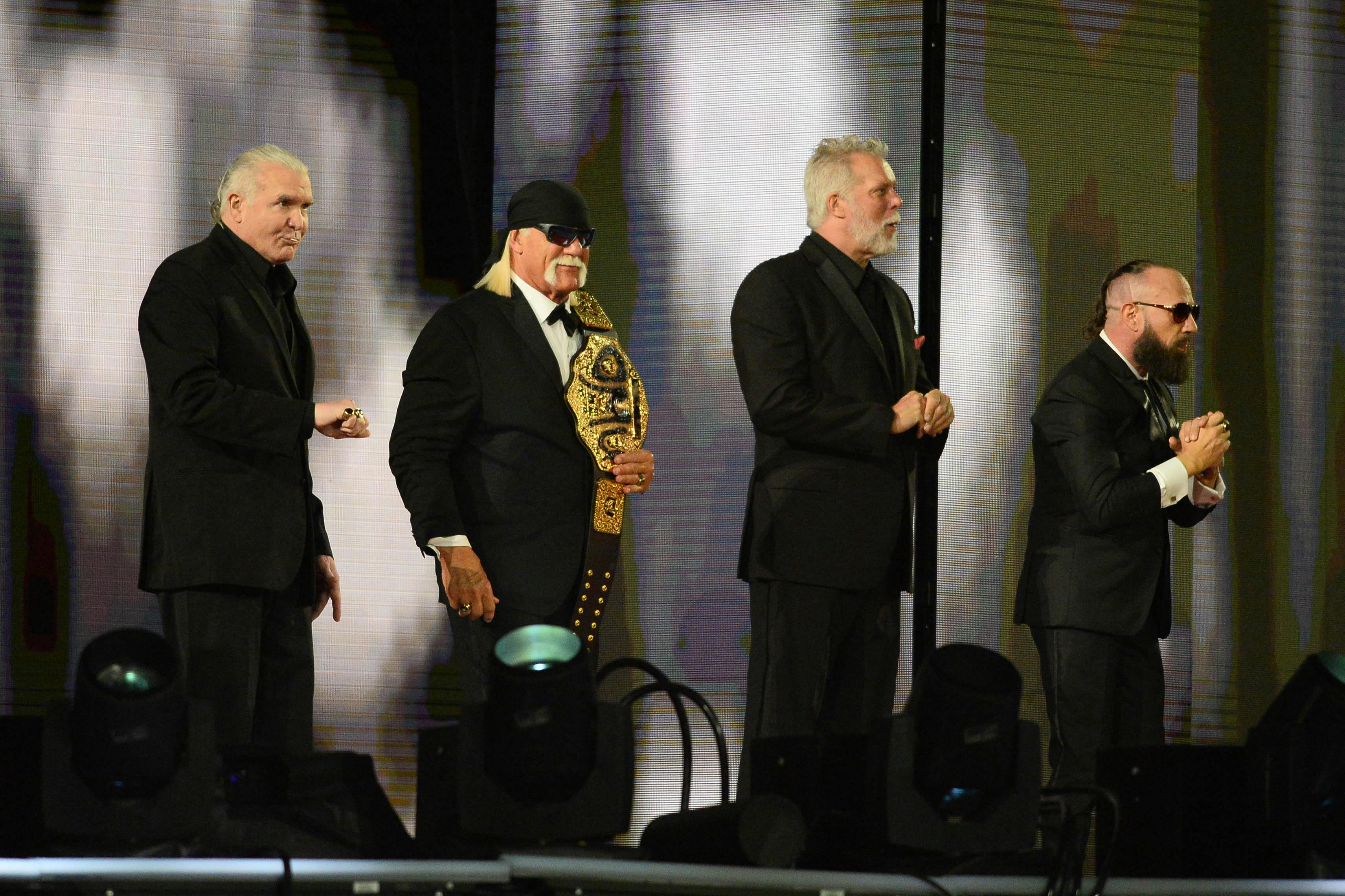 2020 WWE Hall of Fame inductees Scott Hall and Hollywood Hulk Hogan and Kevin Nash and Sean Waltman aka NWO greet fans during WrestleMania 37 at Raymond James Stadium.<br>