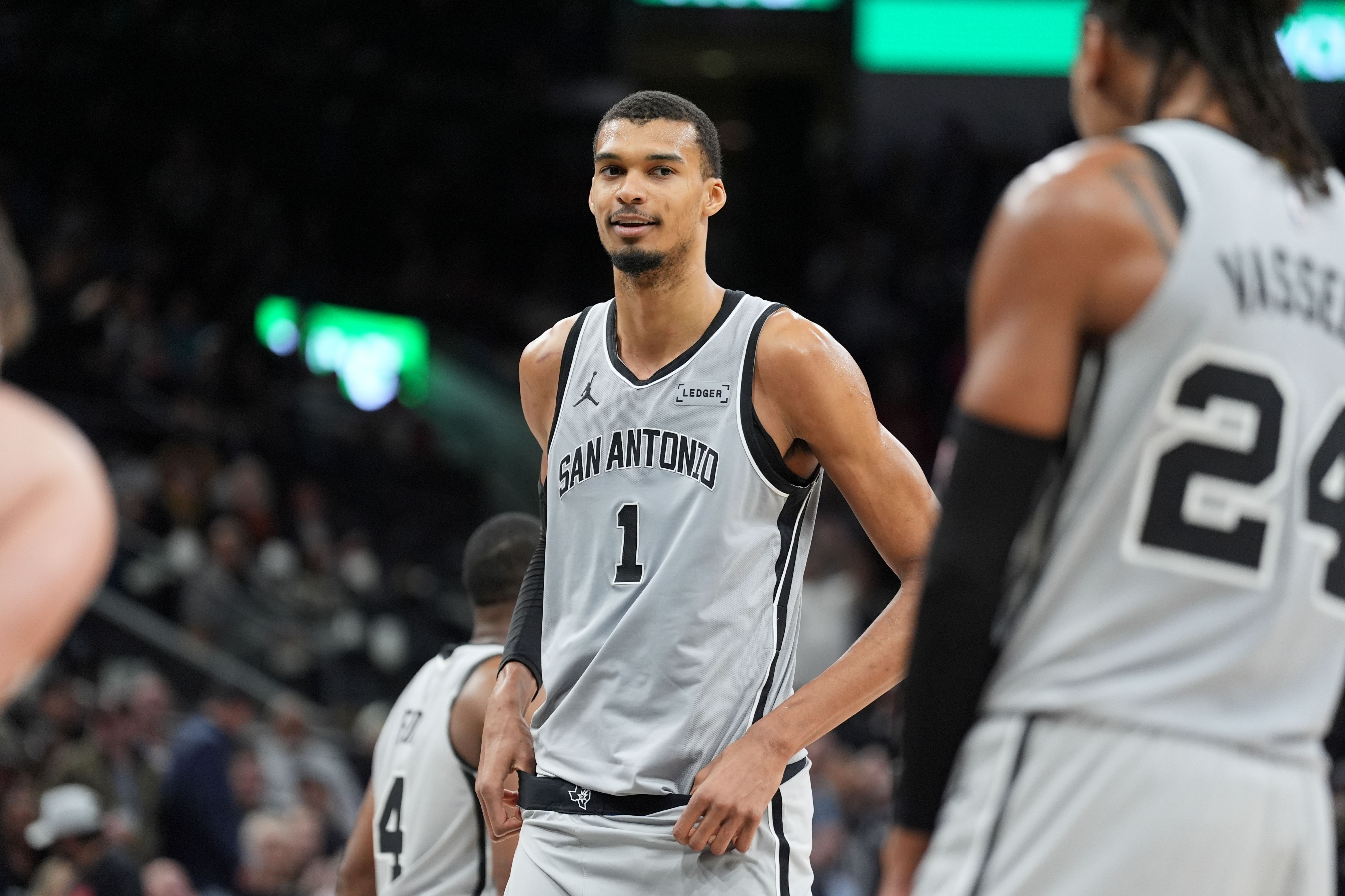 San Antonio Spurs forward Victor Wembanyama looks on, and he's featured in our Hornets vs. Spurs player props.