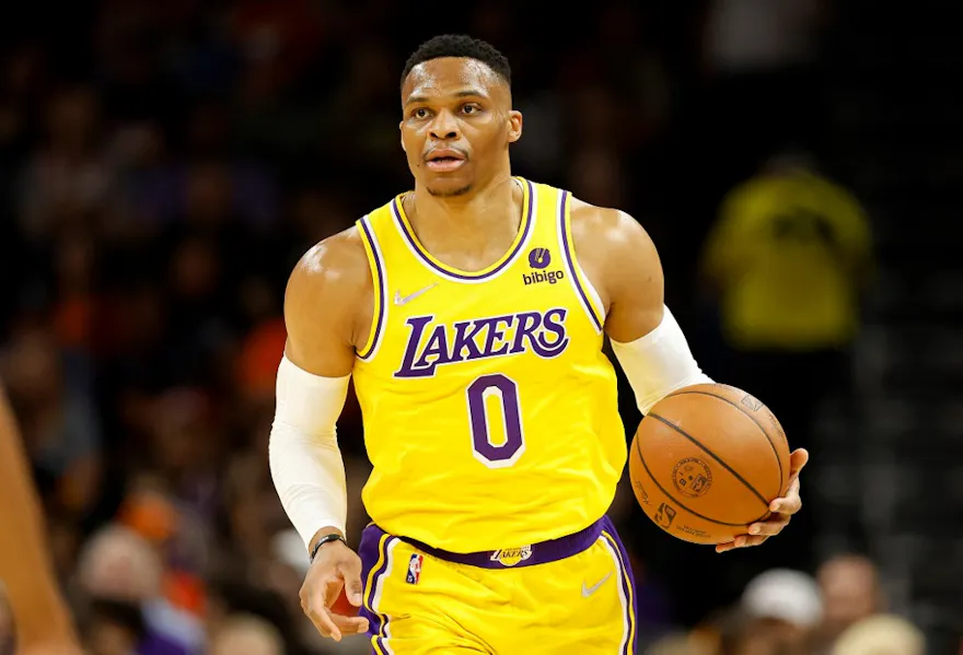 Russell Westbrook of the Los Angeles Lakers handles the ball during the first half of the NBA game at Footprint Center in Phoenix, Arizona. Photo by Christian Petersen/Getty Images via AFP.