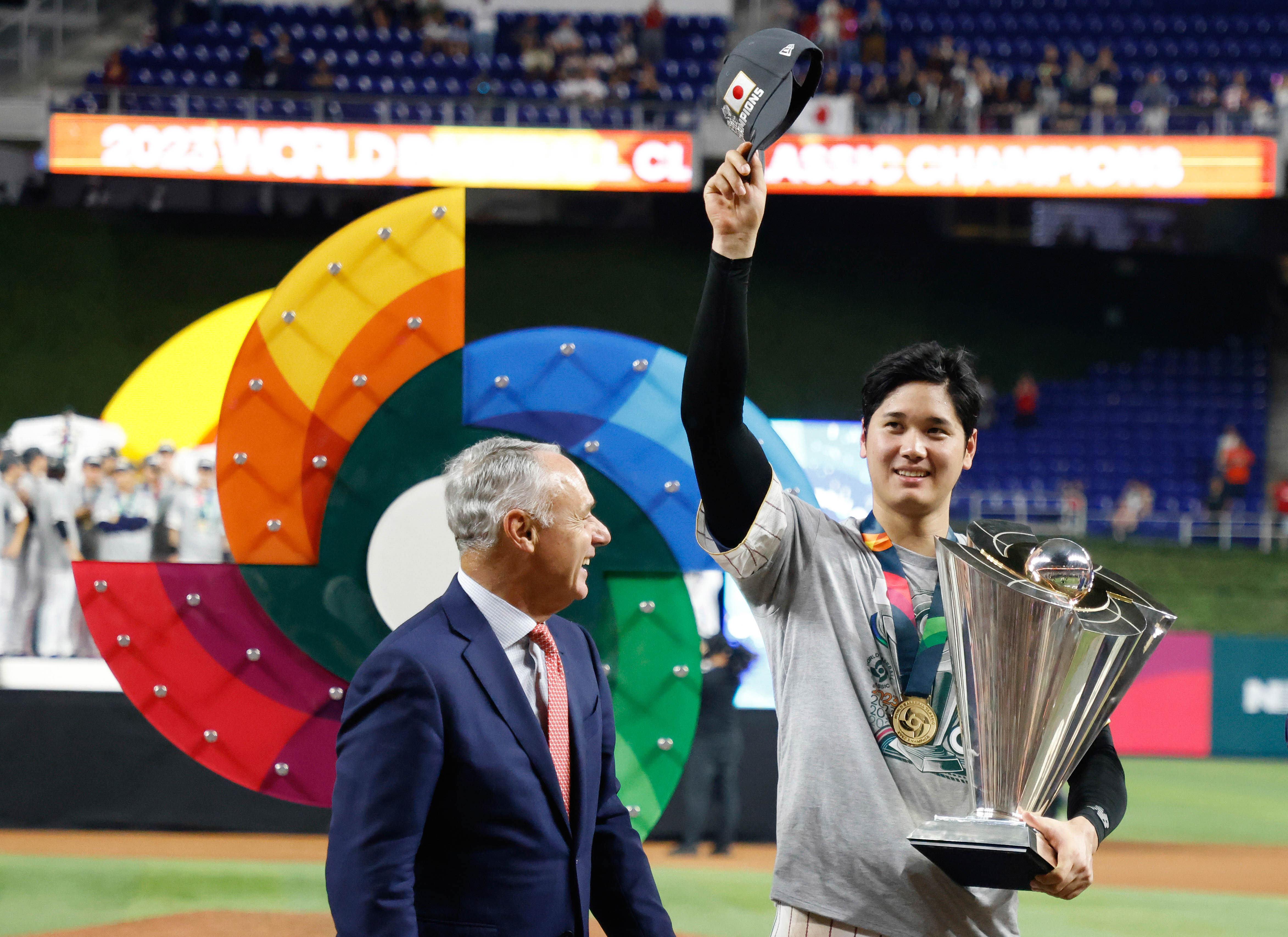 Japan designated hitter Shohei Ohtani celebrates his team's World Baseball Classic win in 2023, and he headlines our WBC 2026 odds and expert picks.