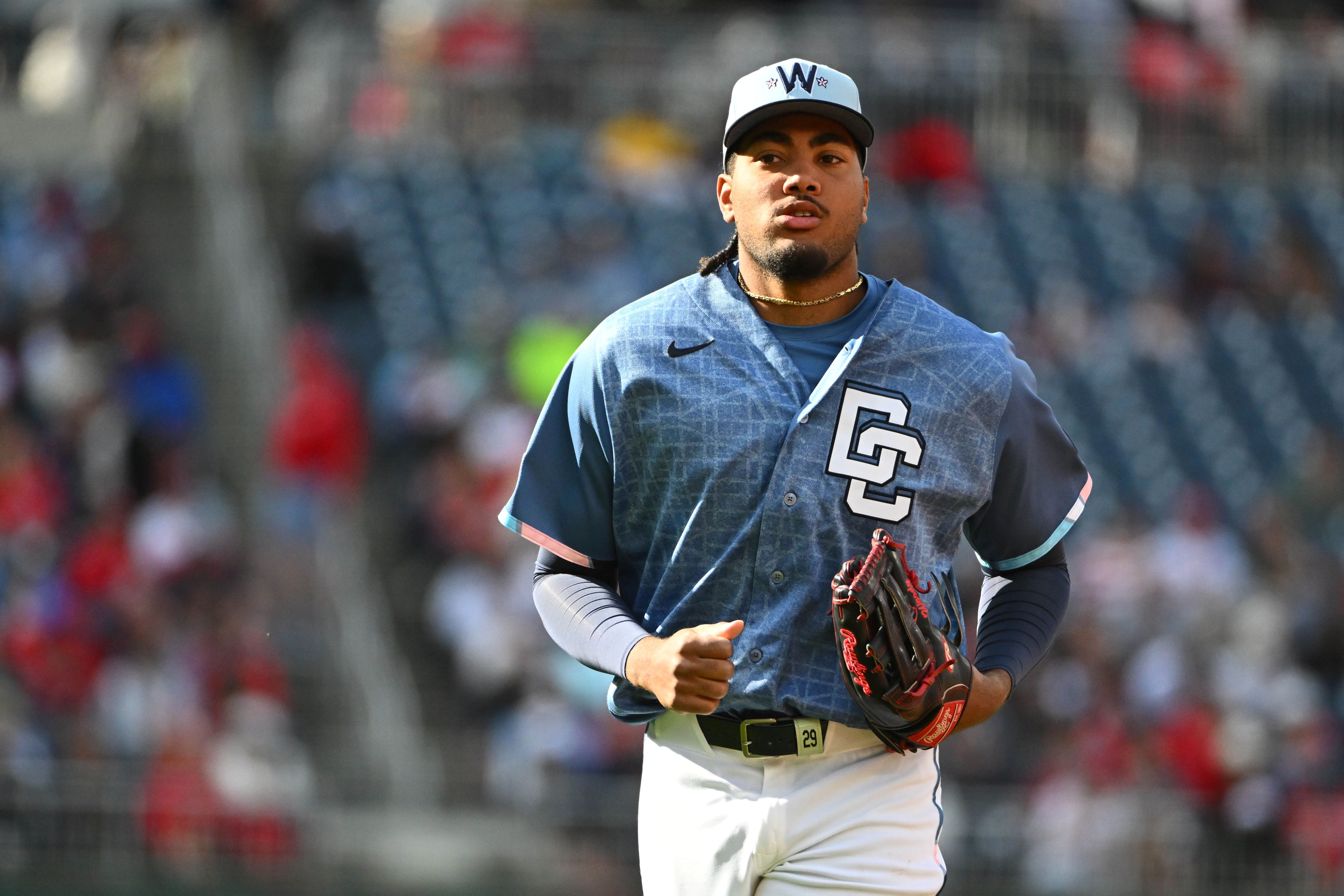 Washington Nationals left fielder James Wood on the field, and he's featured in my home run predictions today.