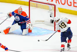 Edmonton Oilers goaltender Stuart Skinner makes a save against Florida Panthers left wing Matthew Tkachuk during the third period in Game 4 as we profile our best prop bets for Tuesday's Game 5 of the Stanley Cup Final. 