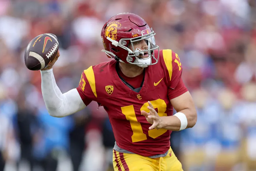 Caleb Williams of the USC Trojans passes the ball during the first half of a game against the UCLA Bruins at United Airlines Field. We asked ChatGPT to make a 2024 NFL Draft mock draft and it had Williams go No. 1 overall.