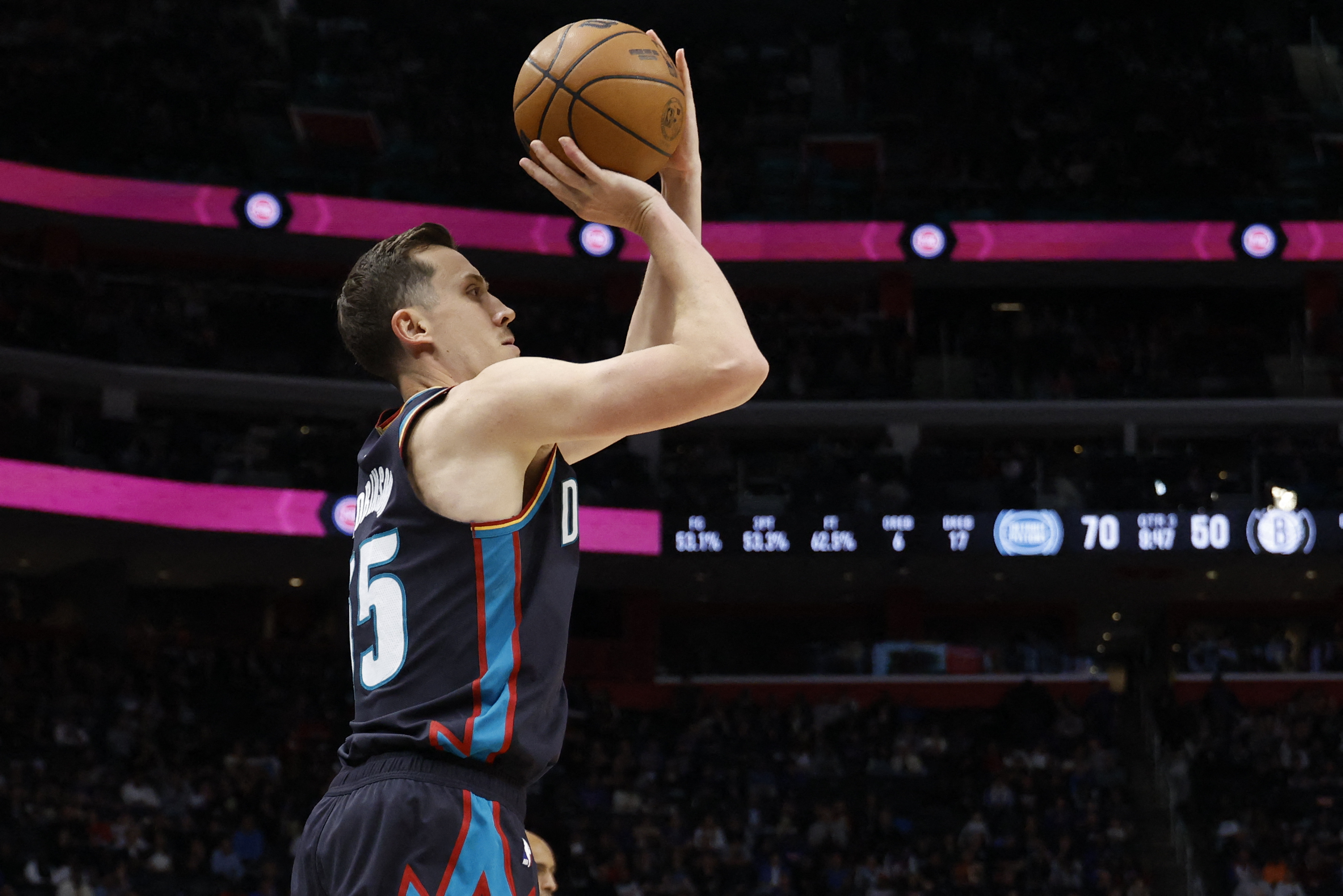 Detroit Pistons forward Duncan Robinson (55) shoots as we break down our NBA Play of the Day.