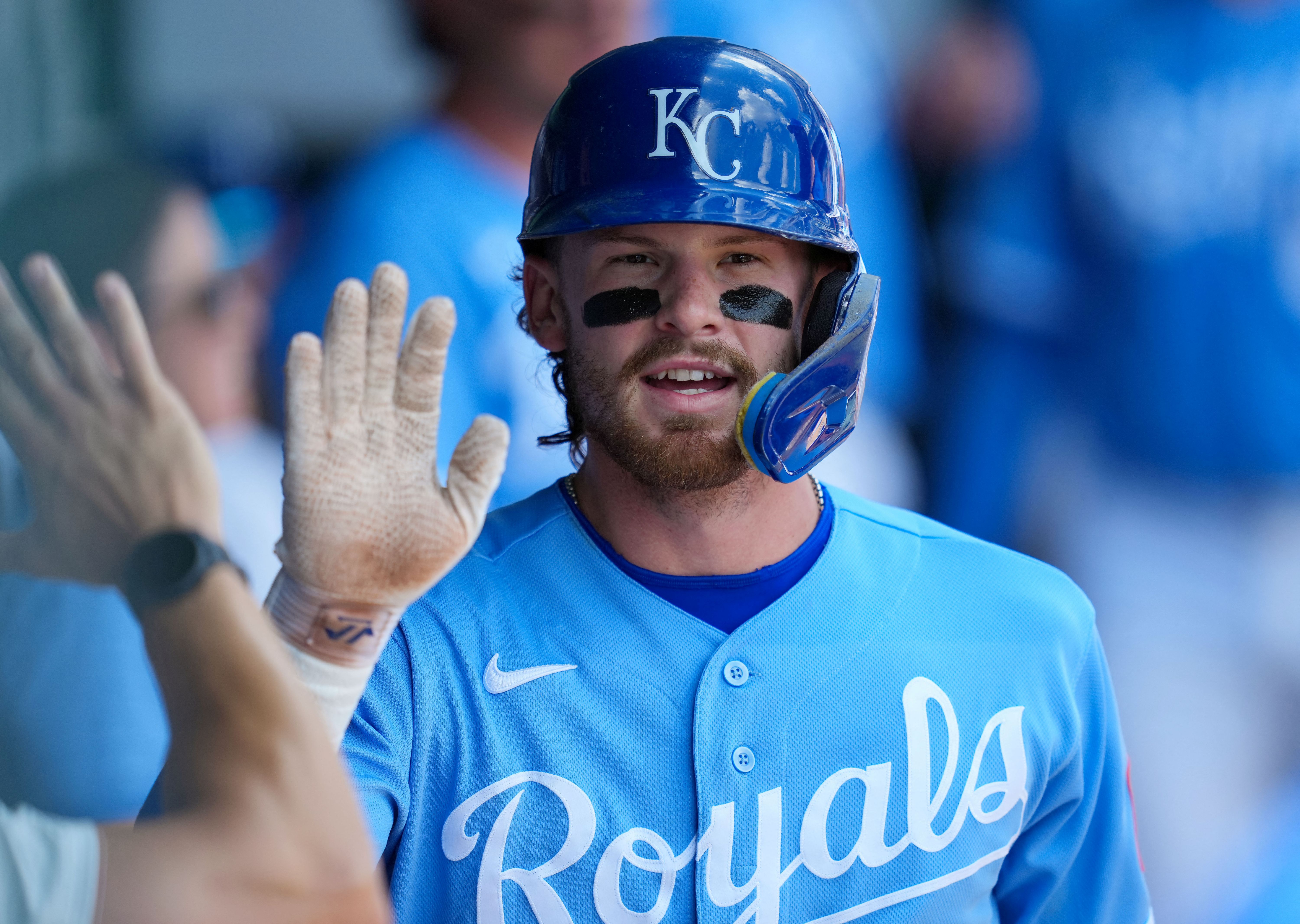 Kansas City Royals designated hitter Bobby Witt Jr. is congratulated by teammates, and he's featured in my American League vs. National League player props.